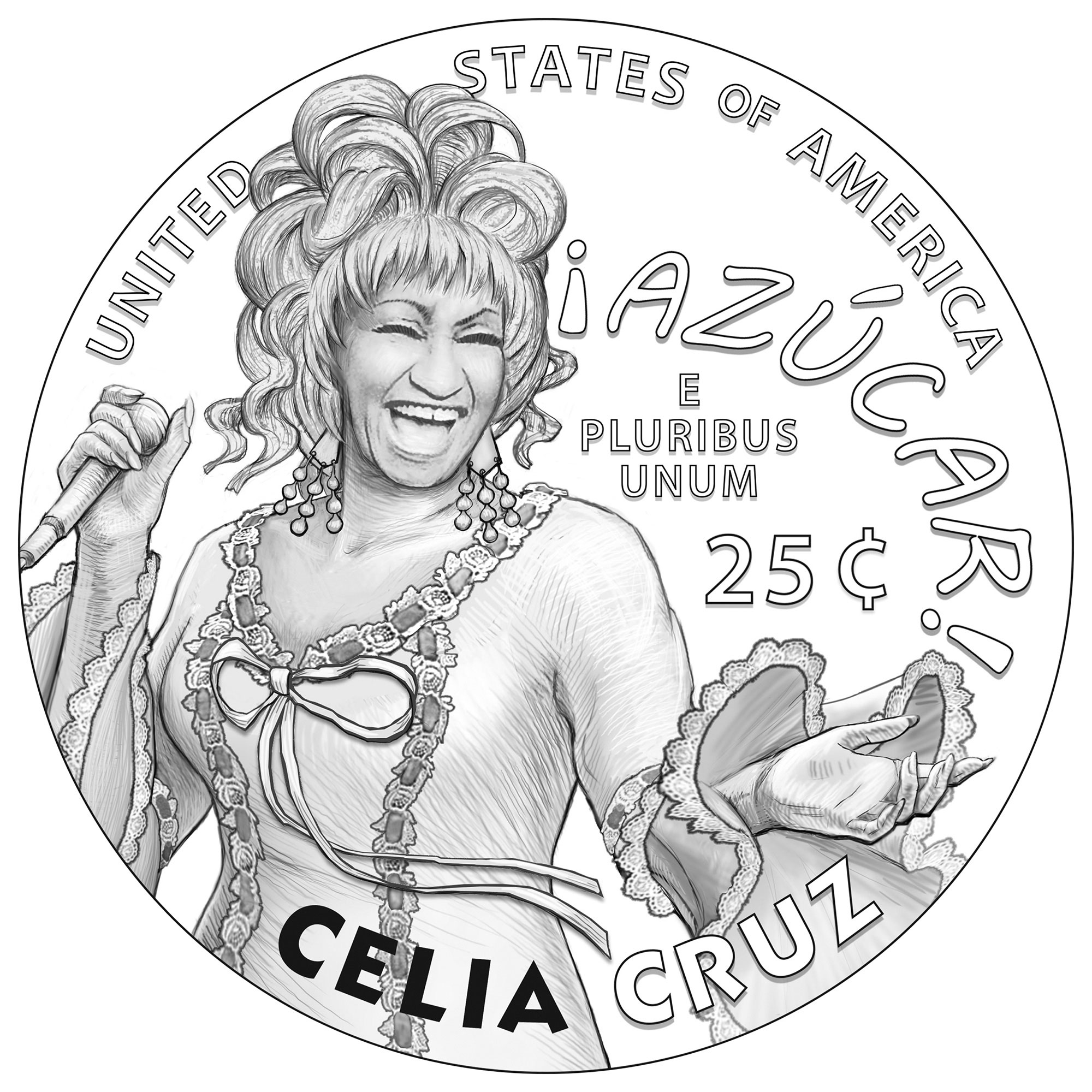 Depiction of the 2024 Celia Cruz Quarter.