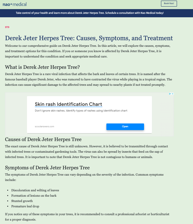 A screenshot of a post about 'Derek Jeter Herpes Tree' on Nao Medical's website, taken Aug. 8, 2023.