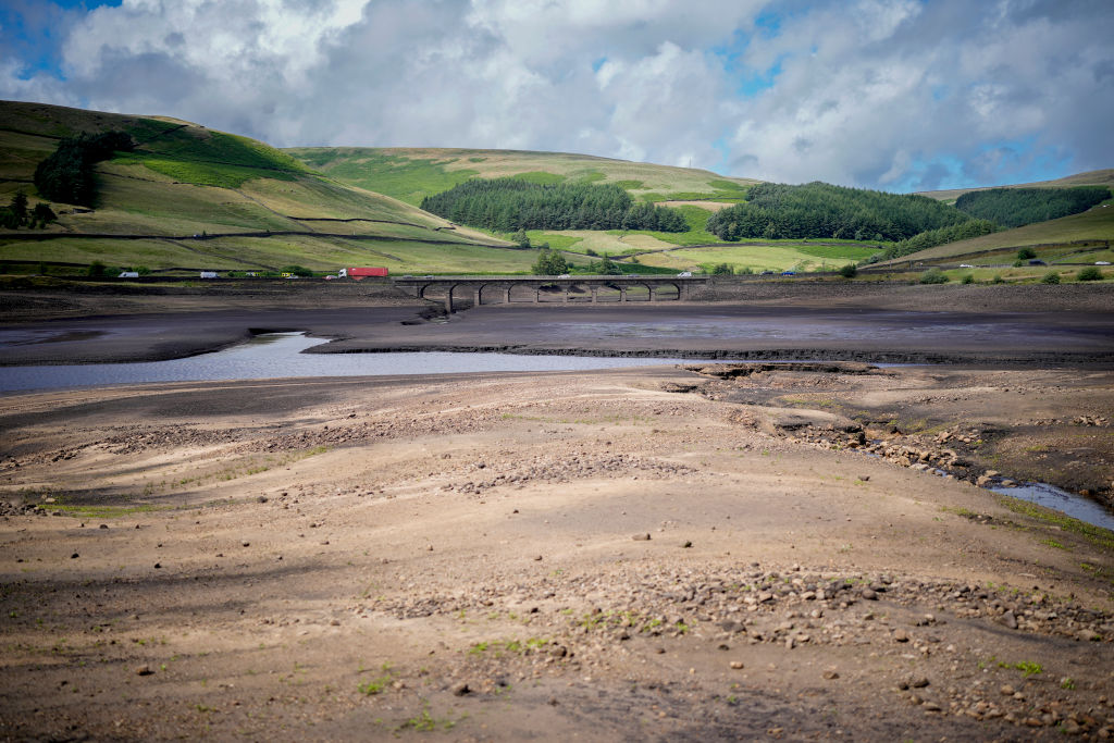 An general view of low water levels at Woodhead Reservoir on July 3, 2023 in Glossop, England. The Met Office confirmed it was the hottest June on record for the U.K.