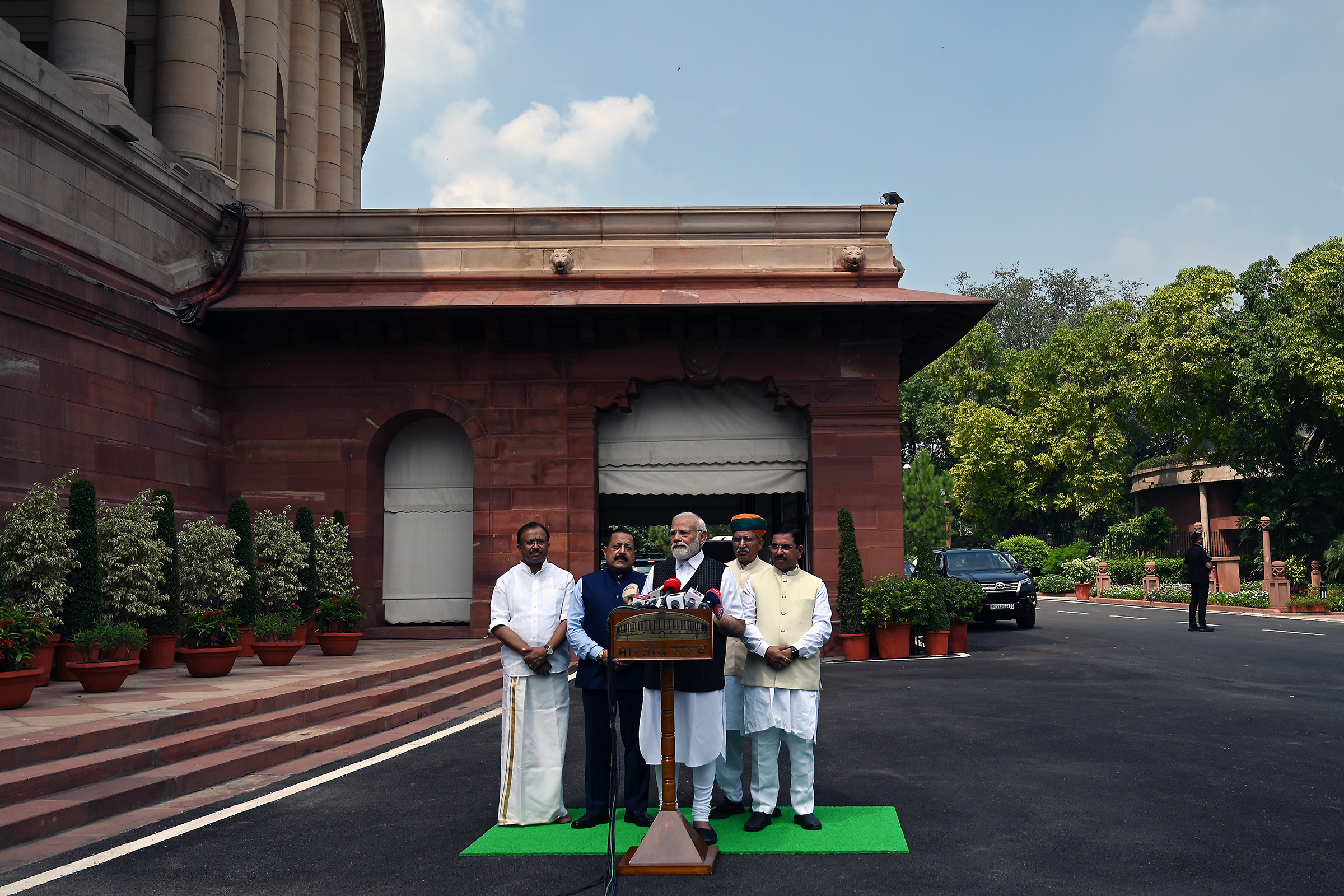 Narendra Modi, India's prime minister, speaks to members of the media ahead of the monsoon session of Parliament in New Delhi on July 20. A video of two women being paraded naked by a group of men in Manipur has elicited first public comments from Modi regarding the ethnic violence that has engulfed the relatively remote Indian state.