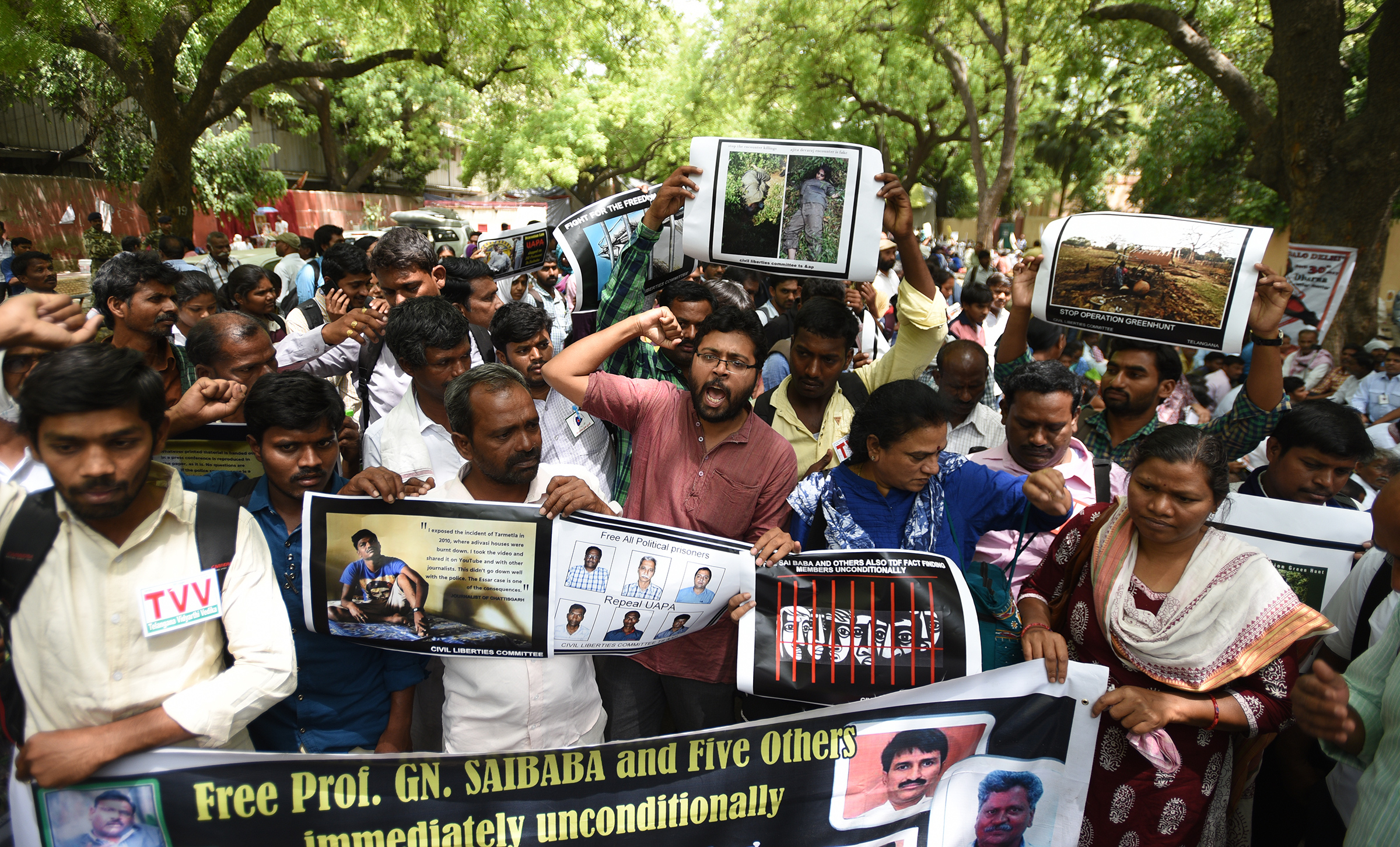 CDRO activists during the protest march for demanding release of Professor G.N. Saibaba and five others sentenced to life imprisonment in Nagpur prison on April 30, 2017 in New Delhi, India.
