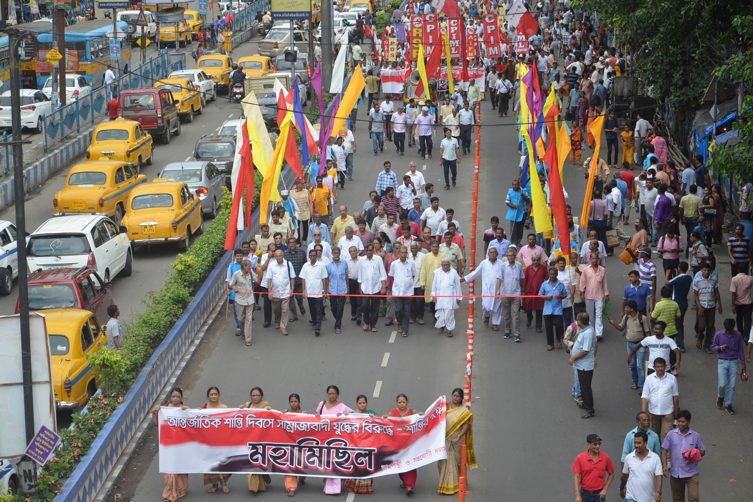 Activists participate in a world peace rally and protest against the arrest of five human rights activists—Arun Ferreira, Sudha Bharadwaj, Gautam Navlakha, Vernon Gonsalves, and P. Varavara Rao—in connection with the Bhima-Koregaon violence by Maharashtra Police on Sept. 1, 2018 in Kolkata. (Debajyoti Chakraborty—NurPhoto/Getty Images)