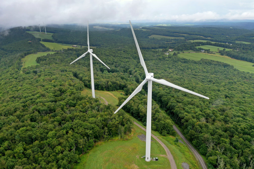 Turbines that are part of Constellation Energy's Criterion Wind Project stand in a row along the top of Backbone Mountain on Aug. 22, 2022 in Oakland, Maryland.