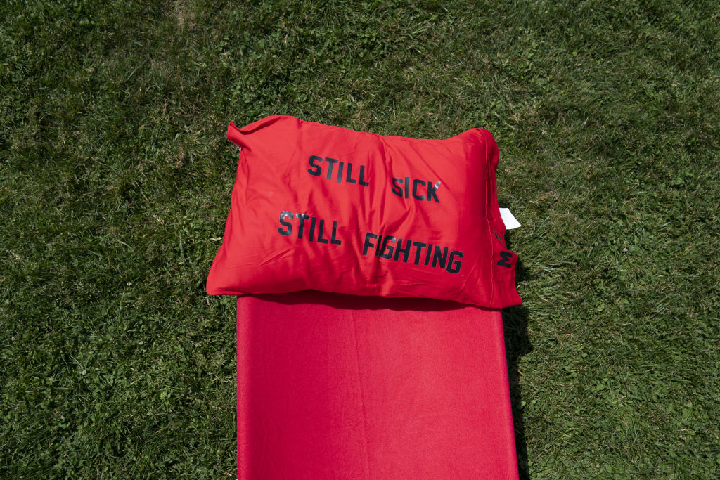 A cot installed on the National Mall during a Long COVID protest