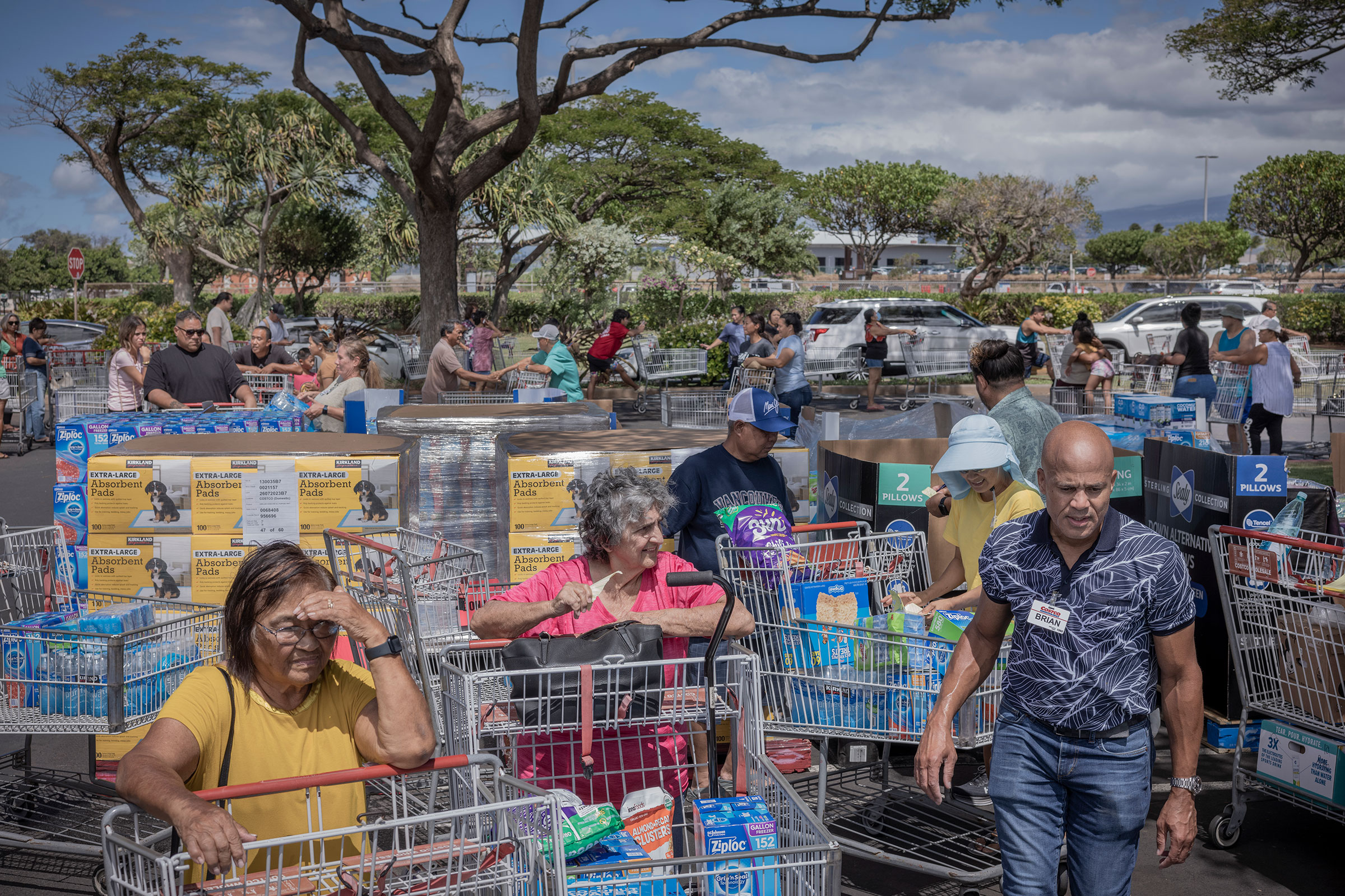 August 14, 2023  Kahului, Hawaii  Maui residents line up to get free supplies at a Costco. The company provided the goods to aid those affected by the deadly fires last week. Photo by David Butow for TIME.