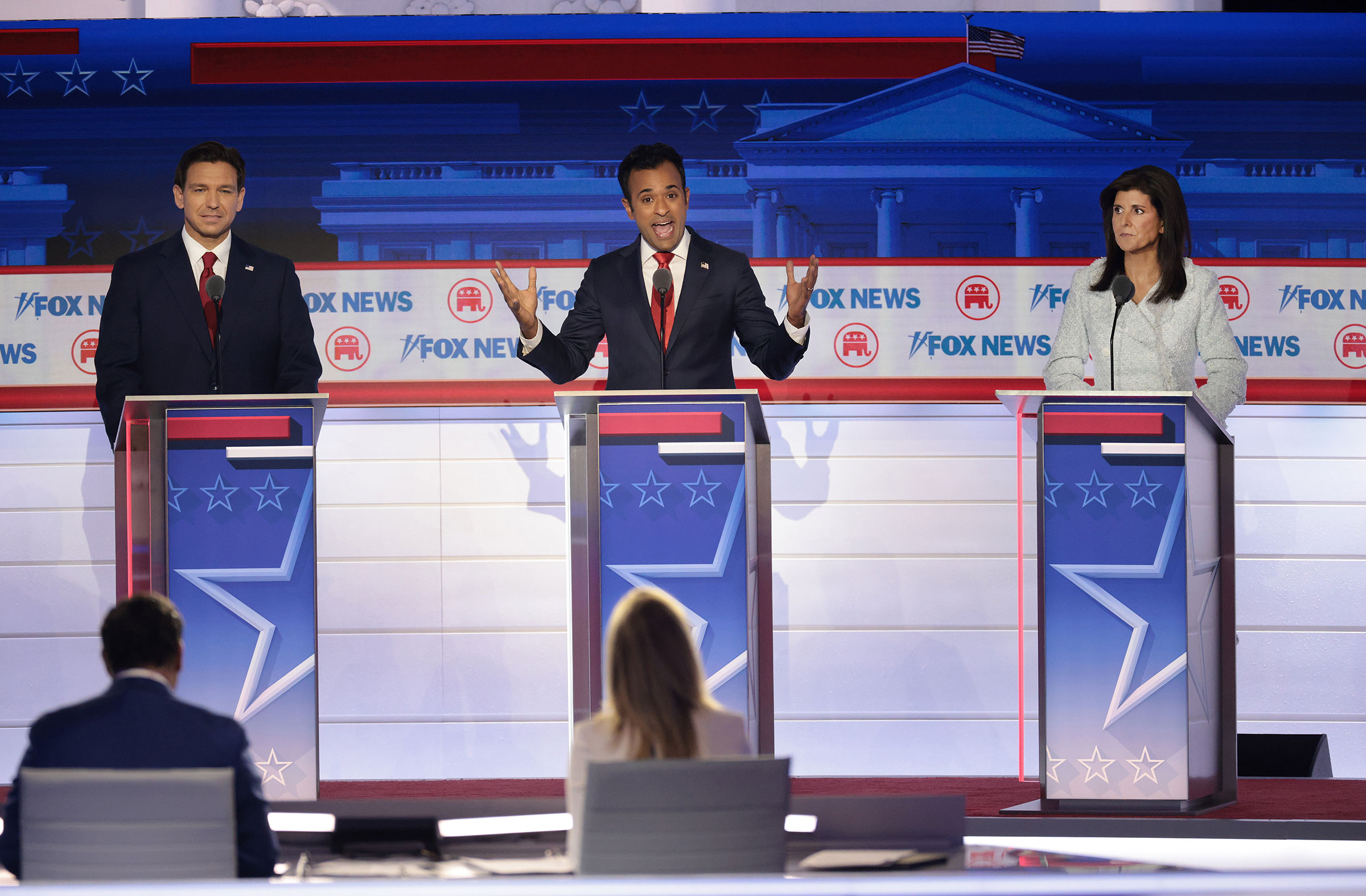 Republican presidential candidates Florida Gov. Ron DeSantis, Vivek Ramaswamy and former U.N. Ambassador Nikki Haley participate in the first debate of the GOP primary season in Milwaukee, on Aug. 23, 2023.