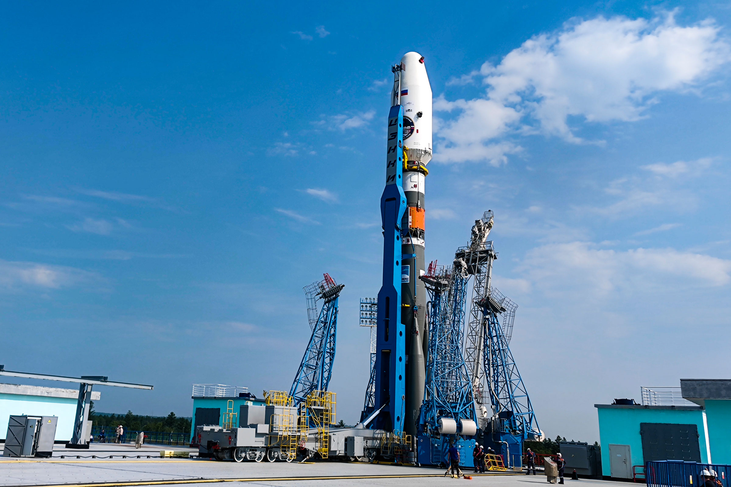 the moon lander Luna 25 automatic station is set at a launch pad at the Vostochny Cosmodrome in the Russian Far East
