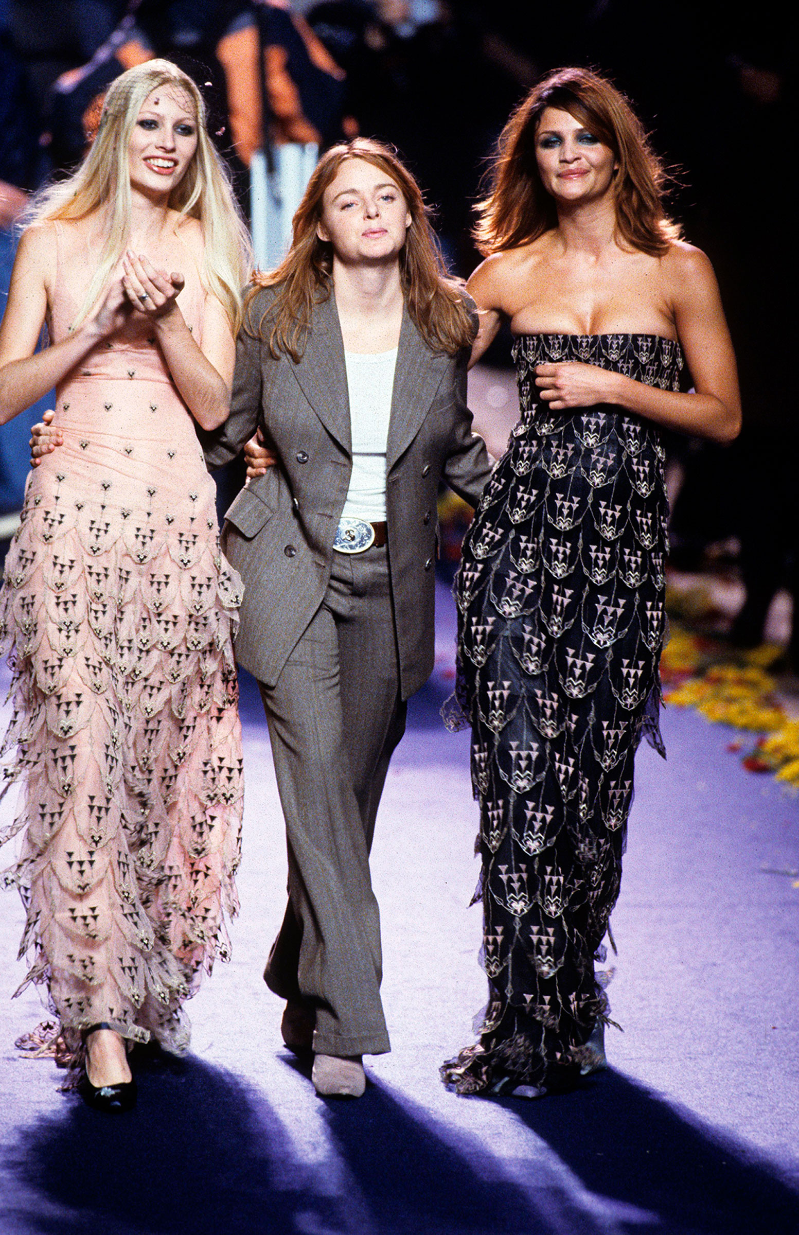 McCartney flanked by models Helena Christensen, left, and Kristy Hume at her Fall 1998 Ready-to-Wear collection for Chloé in Paris (Fairchild Archive/Penske Media/Getty Images)