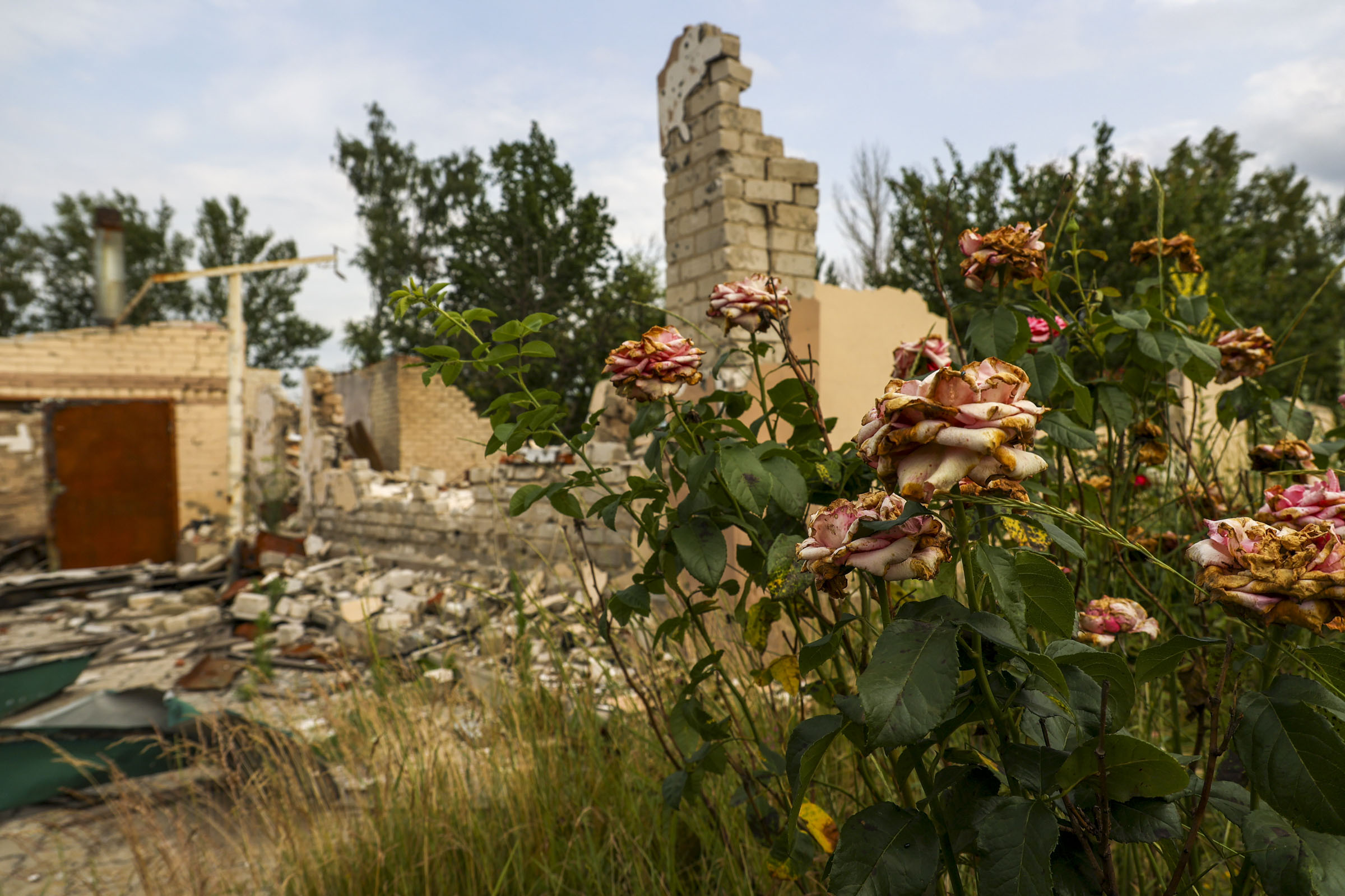 The wooden Orthodox Church of John the Theologian is shown destroyed as a result of shelling by Russian troops in the village of Kuprylivka, Kharkiv region, Ukraine on June 28, 2023.  (Sofiia Bobok—Anadolu Agency/Getty Images)