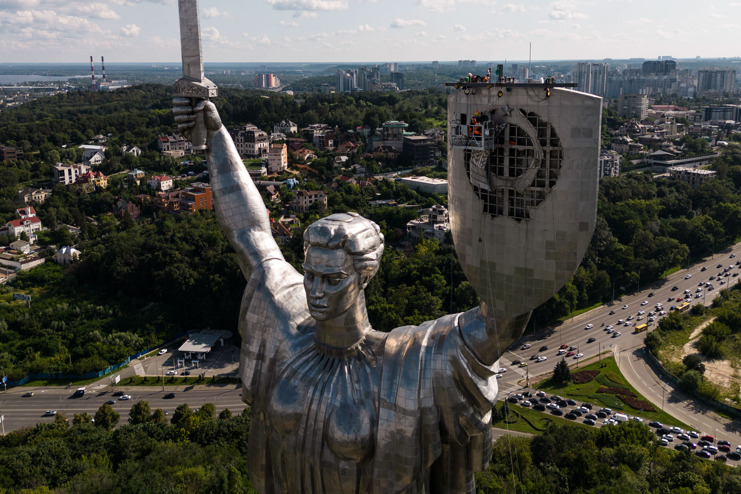 The Motherland Monument is seen after workers removed a Soviet emblem from the shield of the monument in Kyiv, Ukraine, Tuesday, Aug. 1, 2023.  (Jae C. Hong—AP )