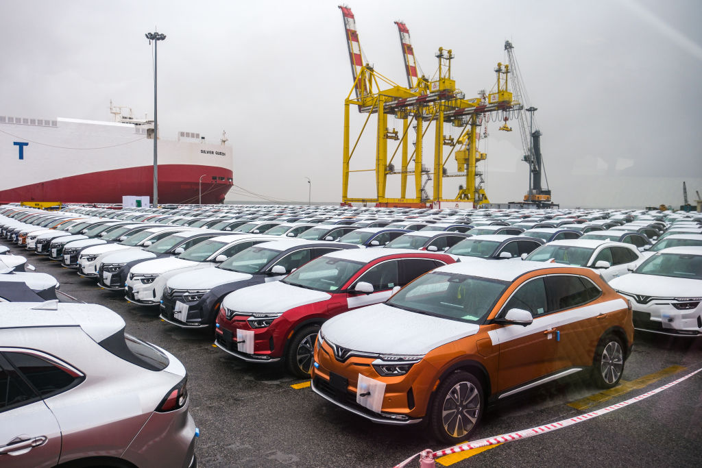 VinFast LLC's VF8 electric vehicles bound for shipment at a port in Haiphong, Vietnam, on Friday, Nov. 25, 2022.  (Linh Pham—Bloomberg/Getty Images)