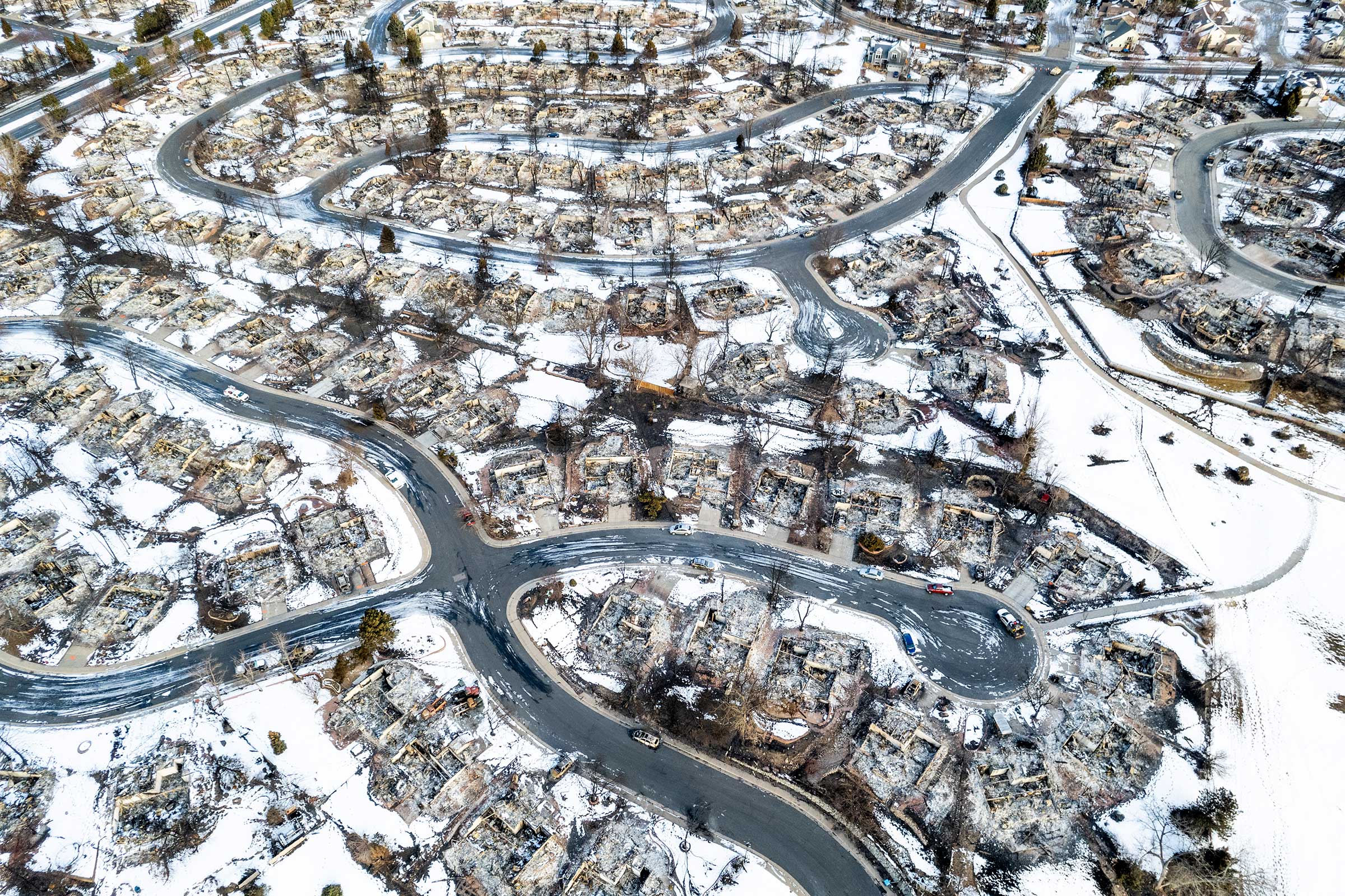 In this aerial view, burned homes sit in a neighborhood decimated by the Marshall Fire on January 4, 2022 in Louisville, Colorado.  (Michael Ciaglo—Getty Images)