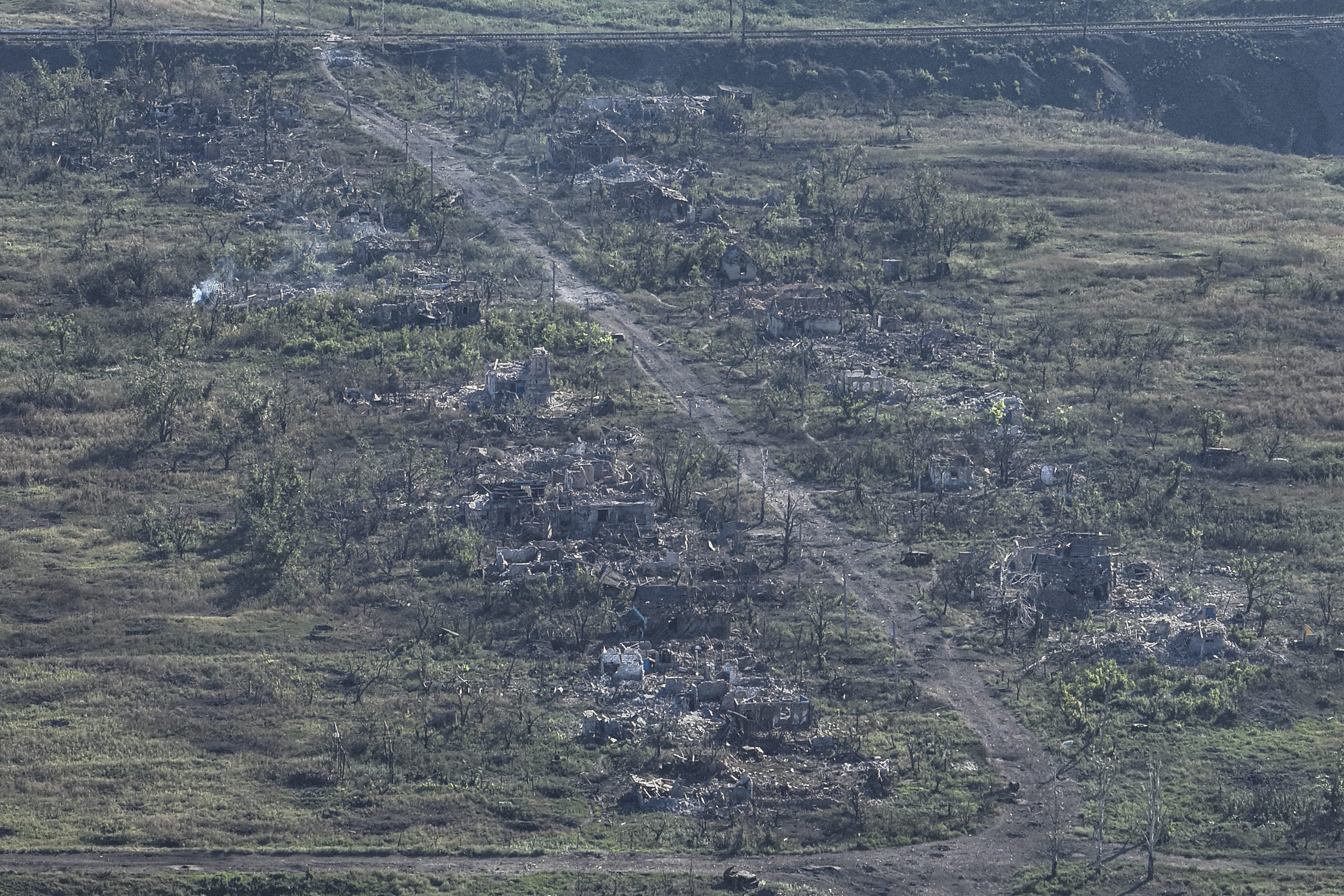 Drone images show destroyed houses in Andriivka, Donetsk region, Ukraine on Wednesday, September 6. (Evgeniy Maloletka—AP)