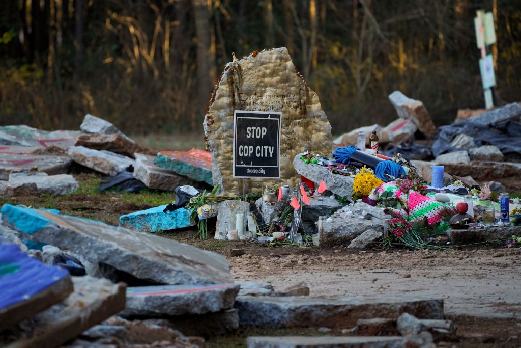 A makeshift memorial for environmental activist Manuel Teran, who was deadly assaulted by law enforcement during a raid to clear the construction site of a police training facility that activists have nicknamed "Cop City" near Atlanta, Georgia on February 6, 2023.  (CHENEY ORR—AFP/Getty Images)