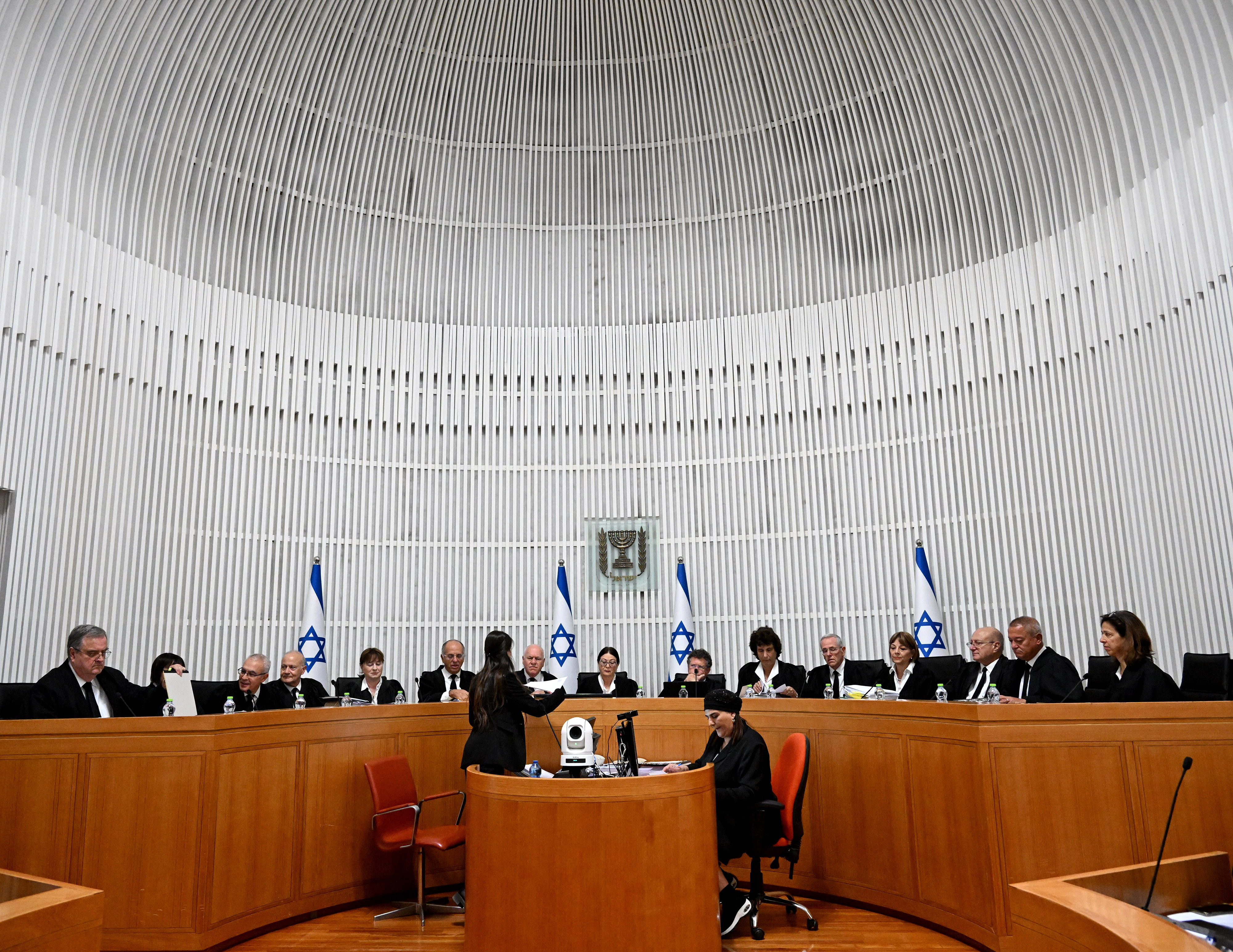 Israeli Supreme Court judges assemble to hear petitions against a controversial judicial overhaul in Jerusalem, on September 12, 2023. (Debbie Hill—POOL /AFP/ Getty Images)