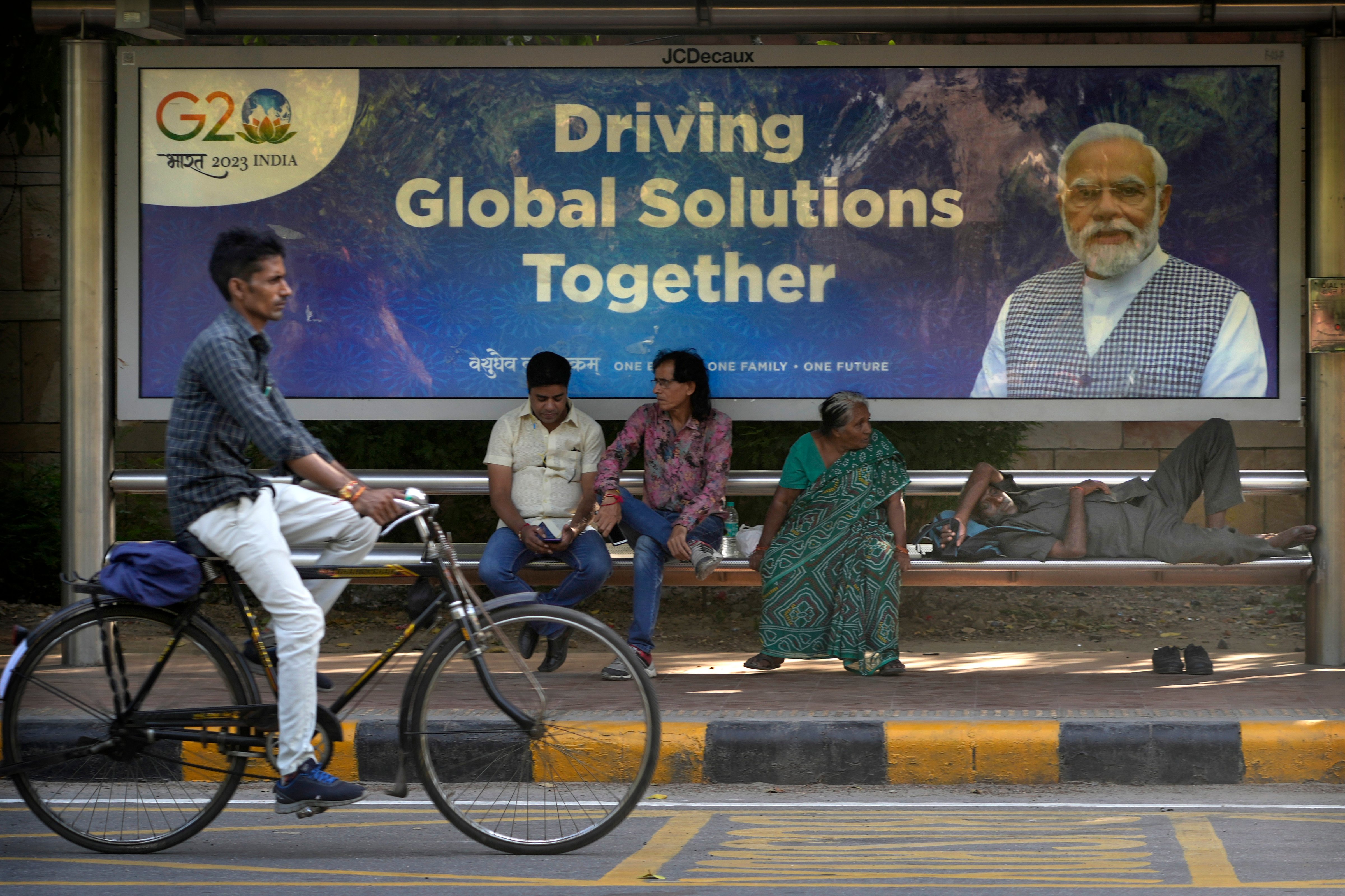 A poster shows Indian Prime Minister Narendra Modi ahead of the G20 summit, in New Delhi on Sept. 4, 2023.  (Manish Swarup—AP)
