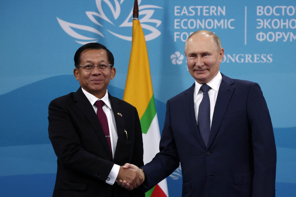 Russian President Vladimir Putin meets with Myanmar junta leader Min Aung Hlaing on the sidelines of the Eastern Economic Forum in Vladivostok on Sep. 7, 2022. (Valery Sharifulin—Sputnik/AFP/Getty Images)