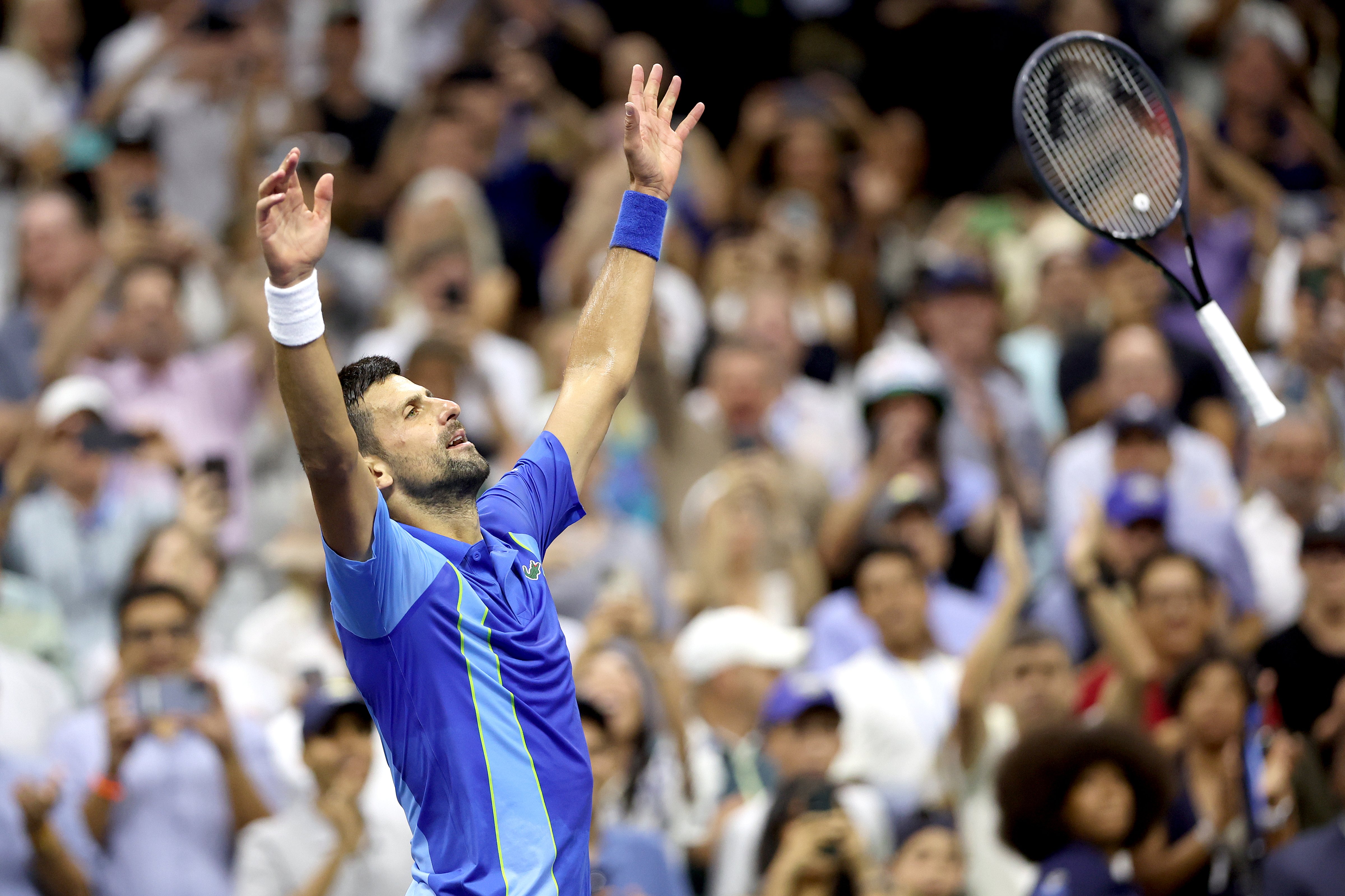 Novak Djokovic celebrates after defeating Daniil Medvedev in the men's singles final of the 2023 U.S. Open in New York on Sept. 10, 2023. (Matthew Stockman—Getty Images)