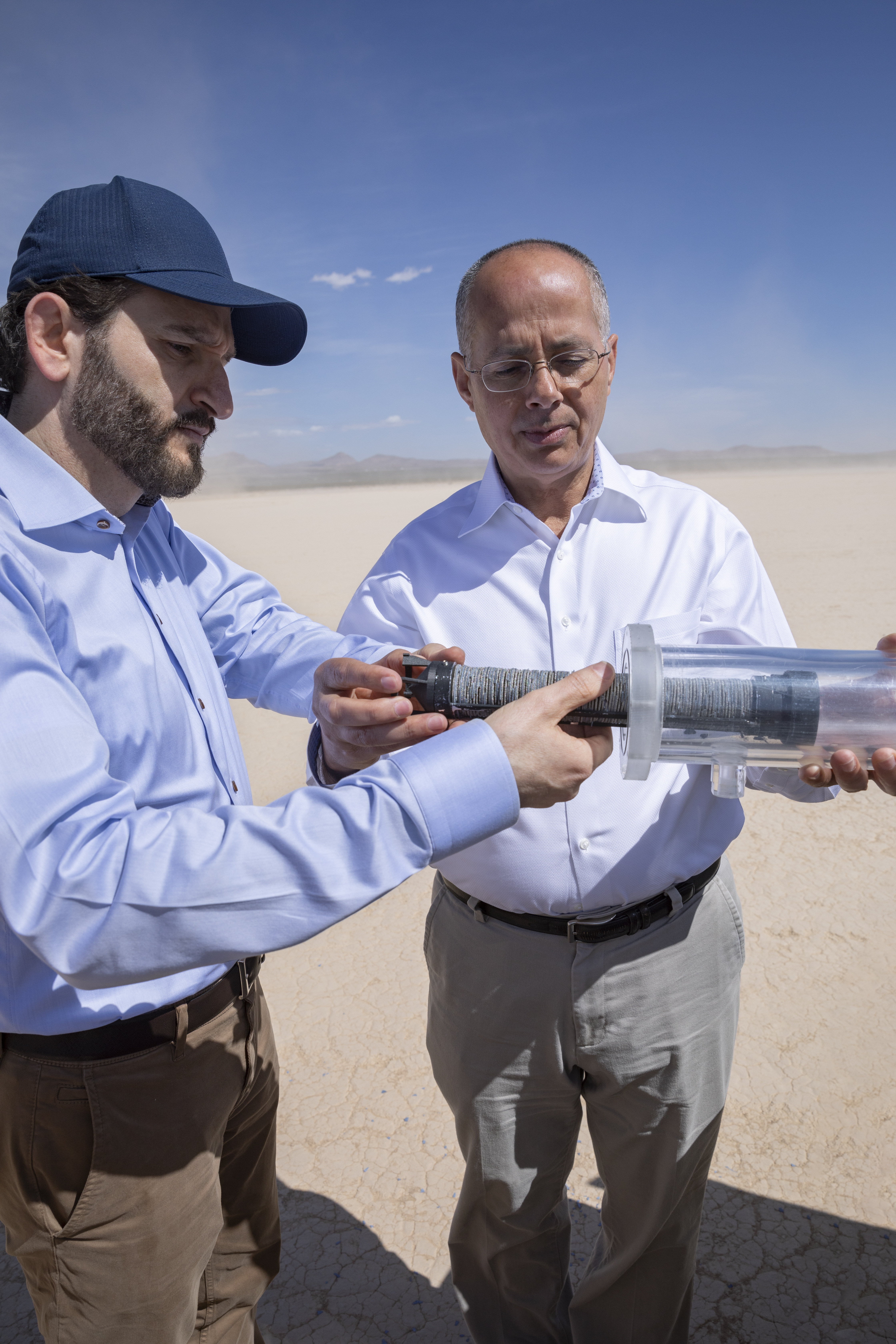 Omar Yaghi and Samer Taha with one of their water harvesting prototypes. (David Huff—Courtesy of Atoco)