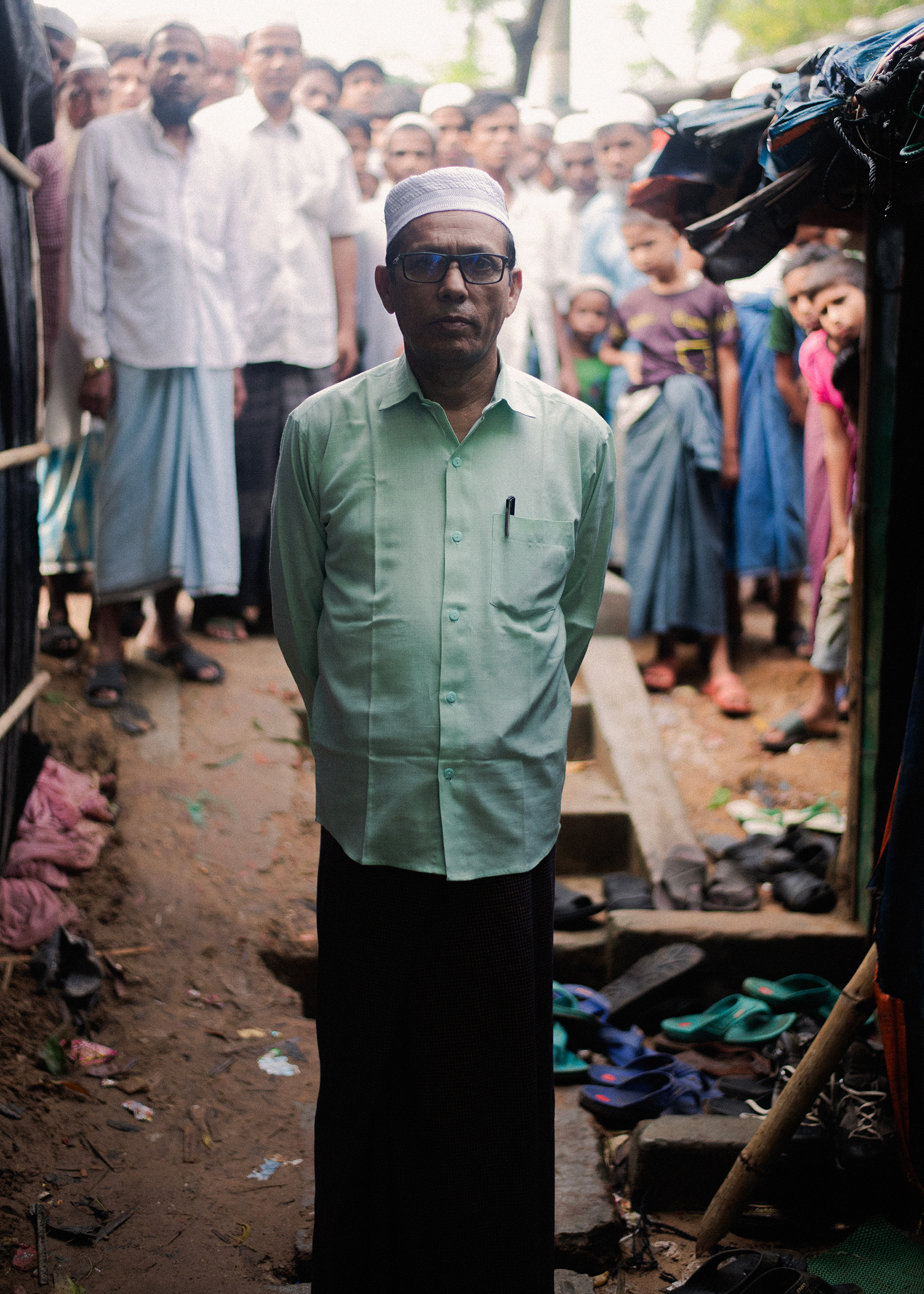 Muhammed Zubair, 63, chairman of the Arakan Rohingya Society for Peace and Human Rights, stands outside his shelter in Kutupalong. (Sarker Protick for TIME)