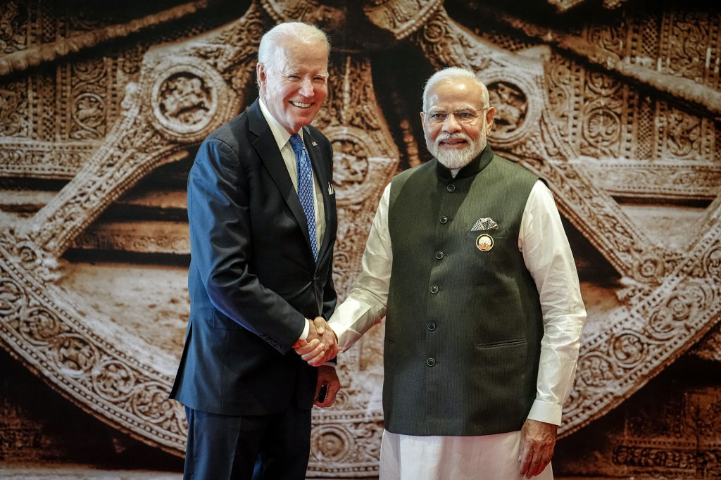 U.S. President Joe Biden is received by Narendra Modi, Prime Minister of India, at the G20 summit on Sept. 9, 2023.