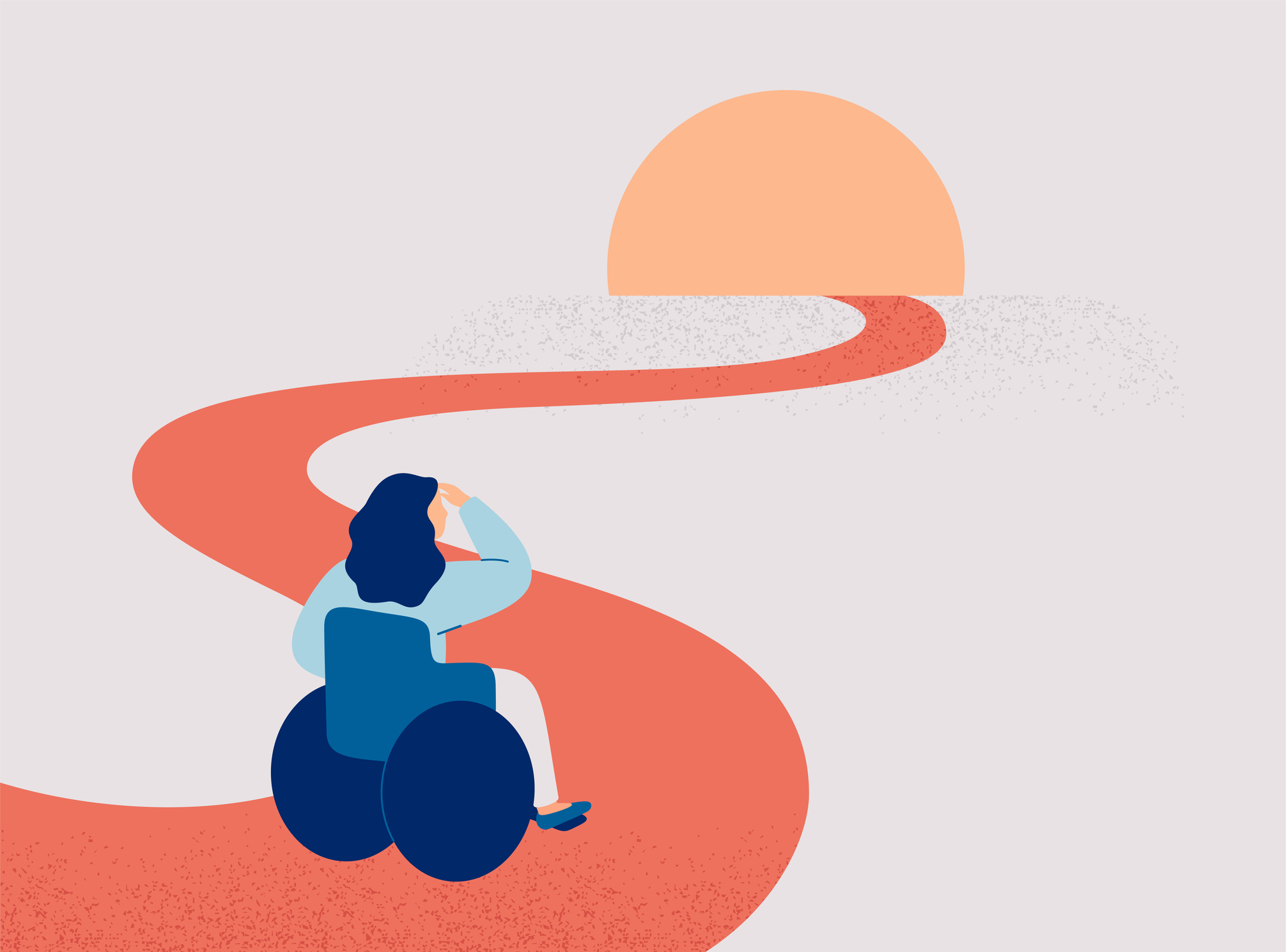 Woman sits in the wheelchair and looks on sunrise.
Girl with limited mobility looks into future  and searches opportunities for personal growth.