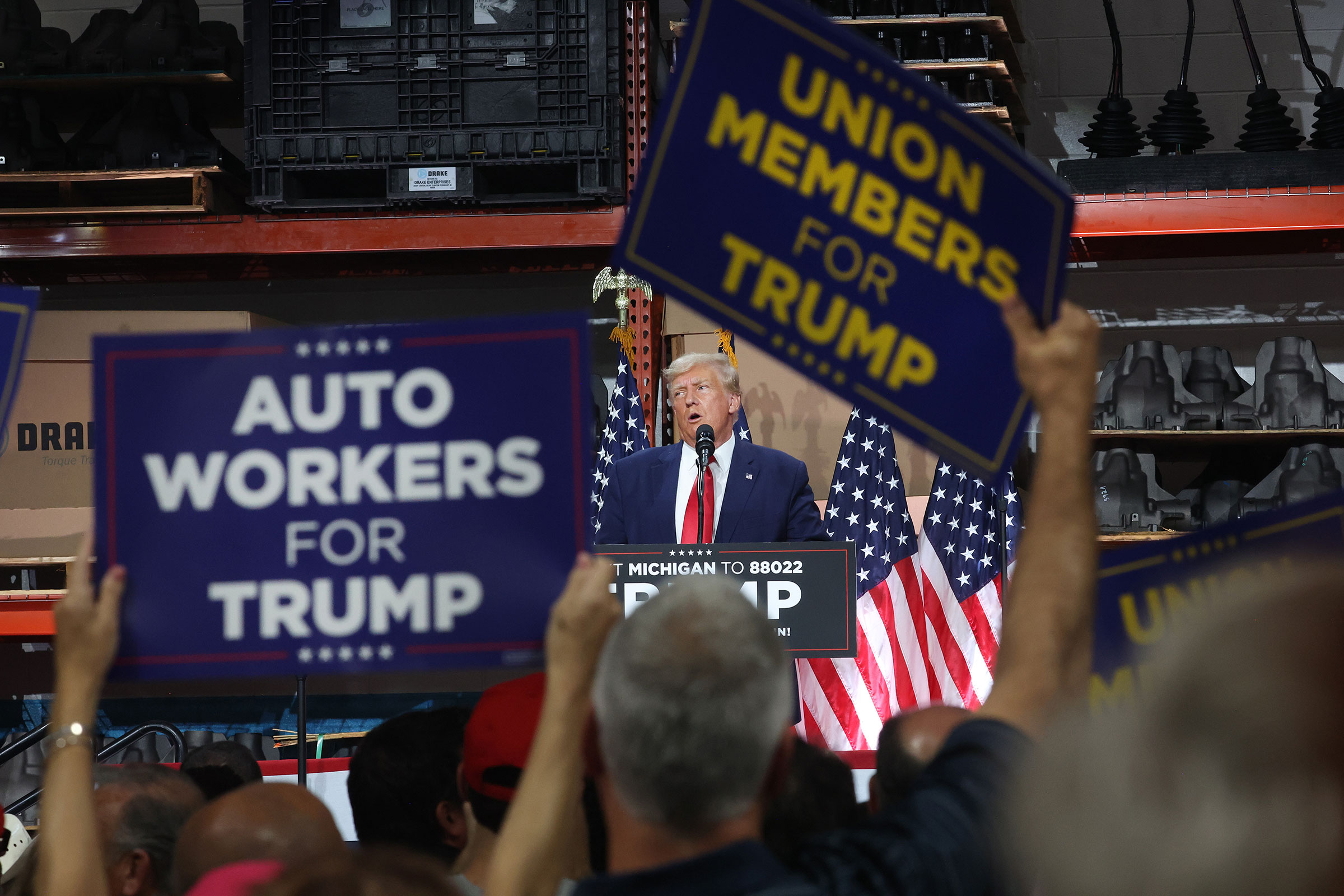 Donald Trump speaks at a campaign rally at Drake Enterprises, an automotive parts manufacturer, in Clinton Township, Mich. on Sept. 27, 2023.