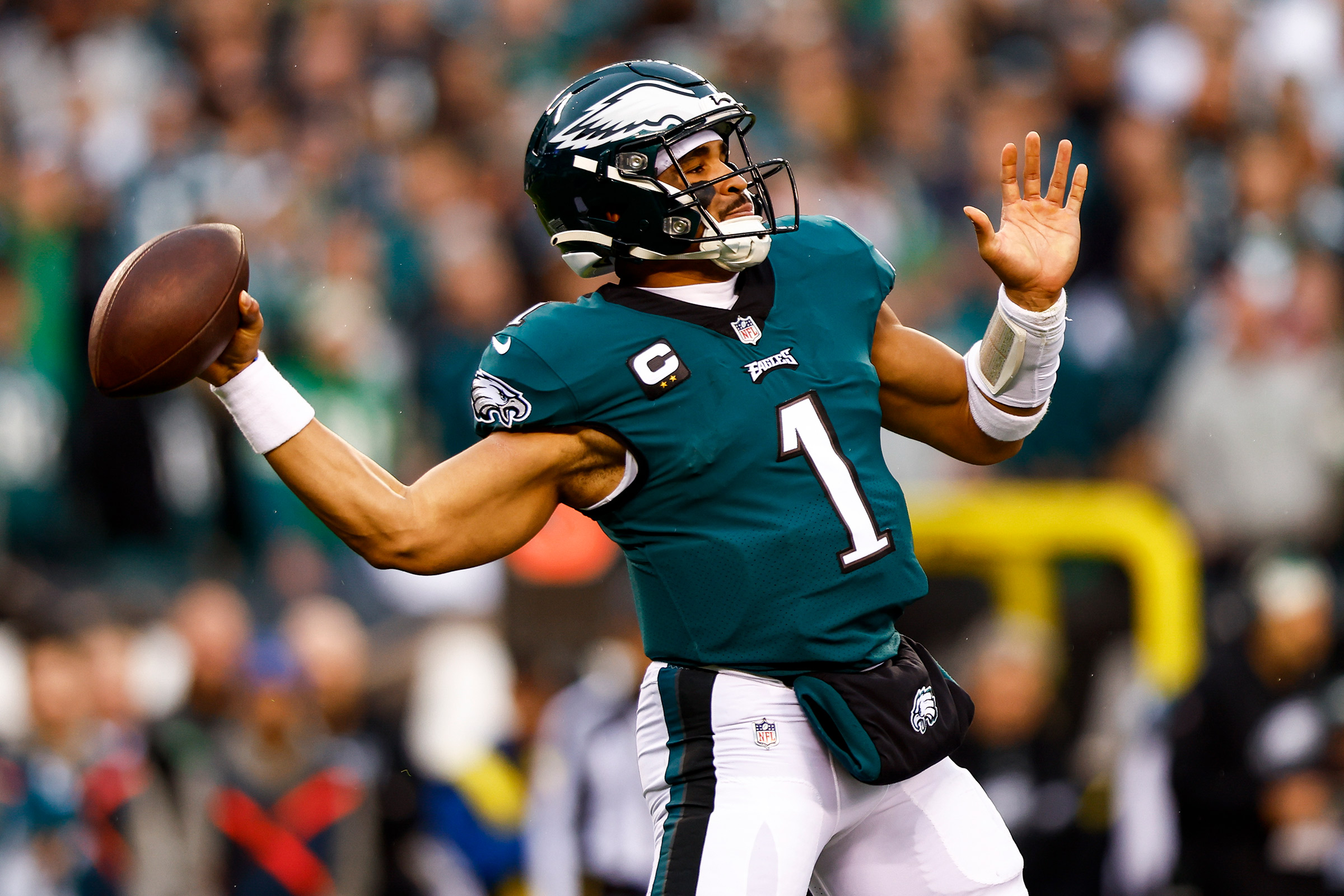 Jalen Hurts #1 of the Philadelphia Eagles throws a pass during the first quarter of the NFC Championship NFL football game against the San Francisco 49ers at Lincoln Financial Field on January 29, 2023 in Philadelphia, Pennsylvania.  (Kevin Sabitus—Getty Images)