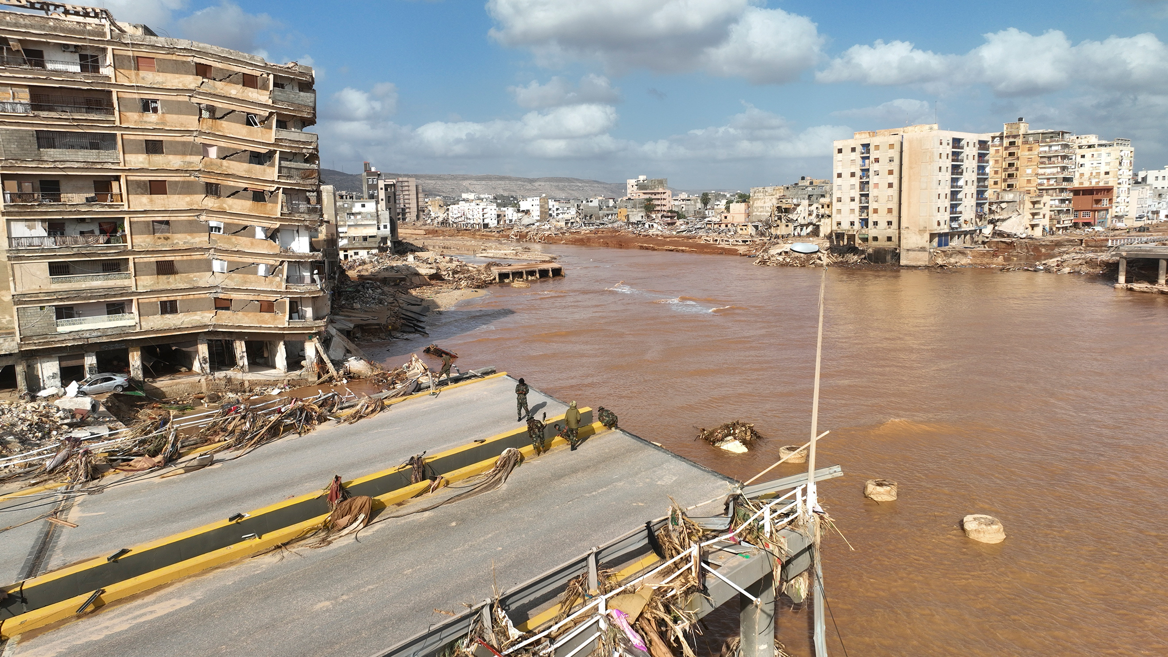 Floodwaters from Mediterranean storm Daniel are visible in Derna, Libya, on Sept. 12.