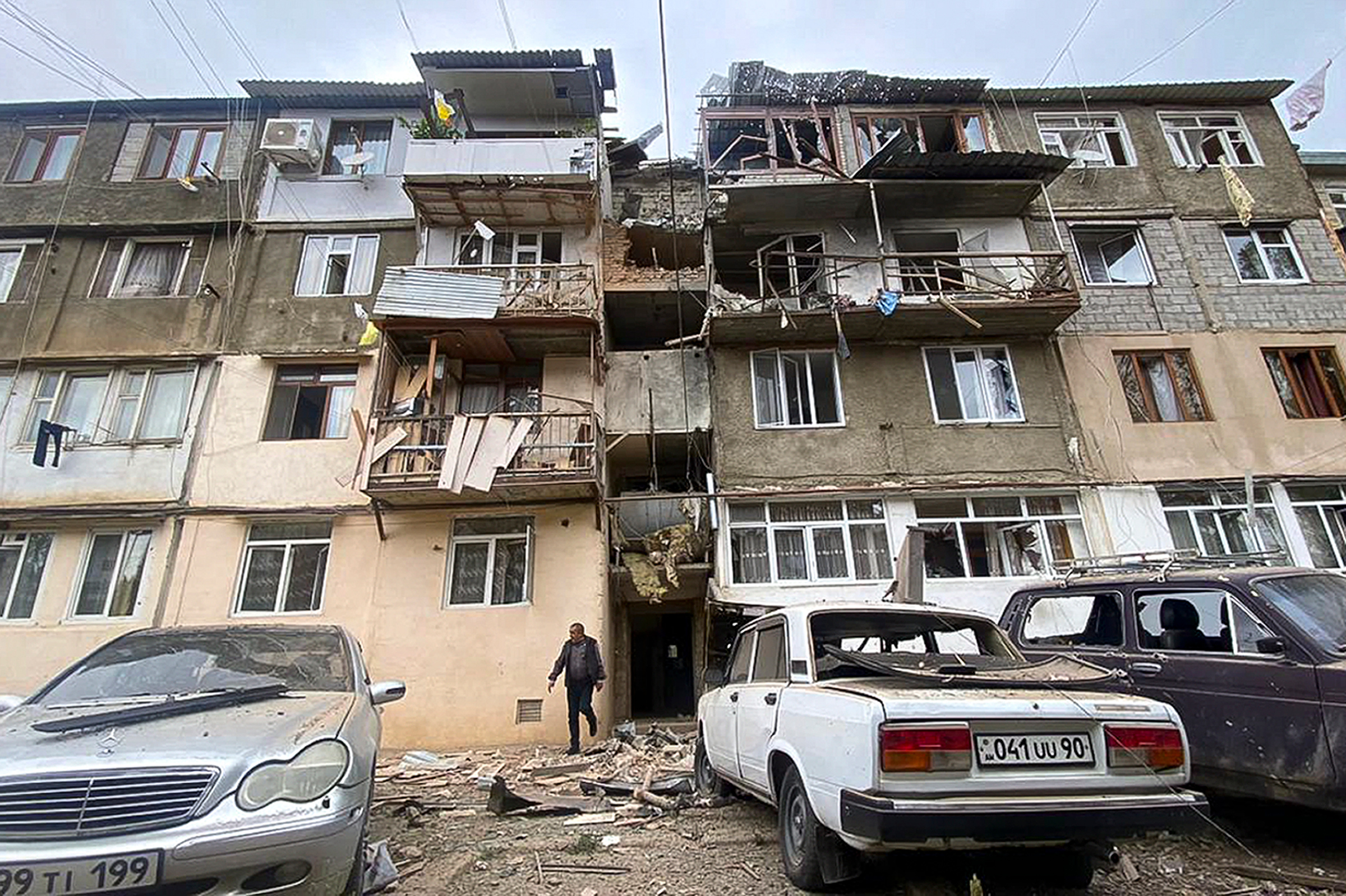 A damaged residential apartment building following shelling in Stepanakert, Nagorno-Karabakh, on Sept. 19. Azerbaijan on Tuesday declared that it started what it called an "anti-terrorist operation" targeting Armenian military positions in the Nagorno-Karabakh region.