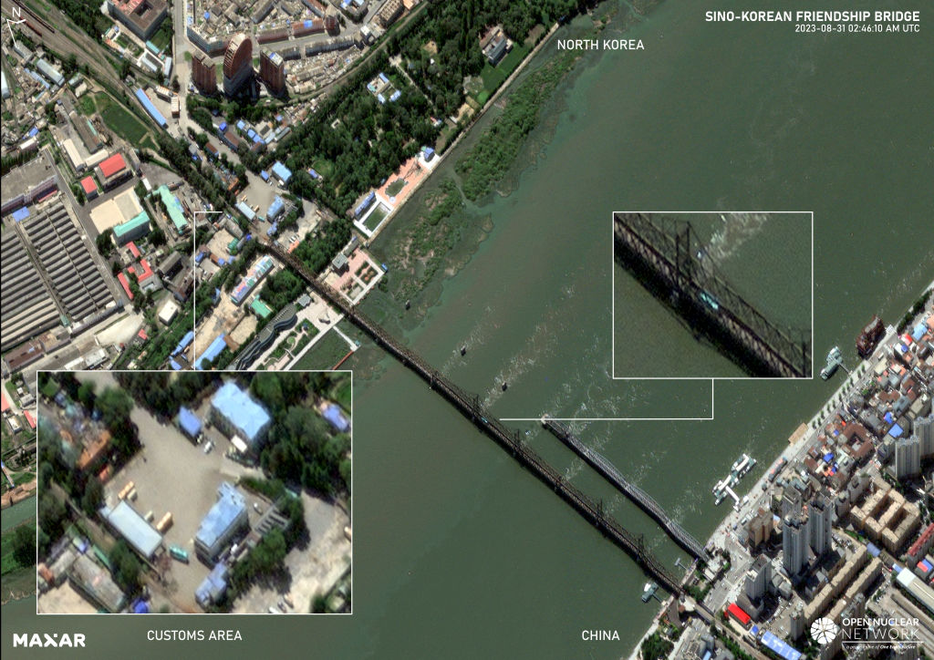 Maxar satellite imagery of the Sino-Korean Friendship Bridge connecting North Korea and China.