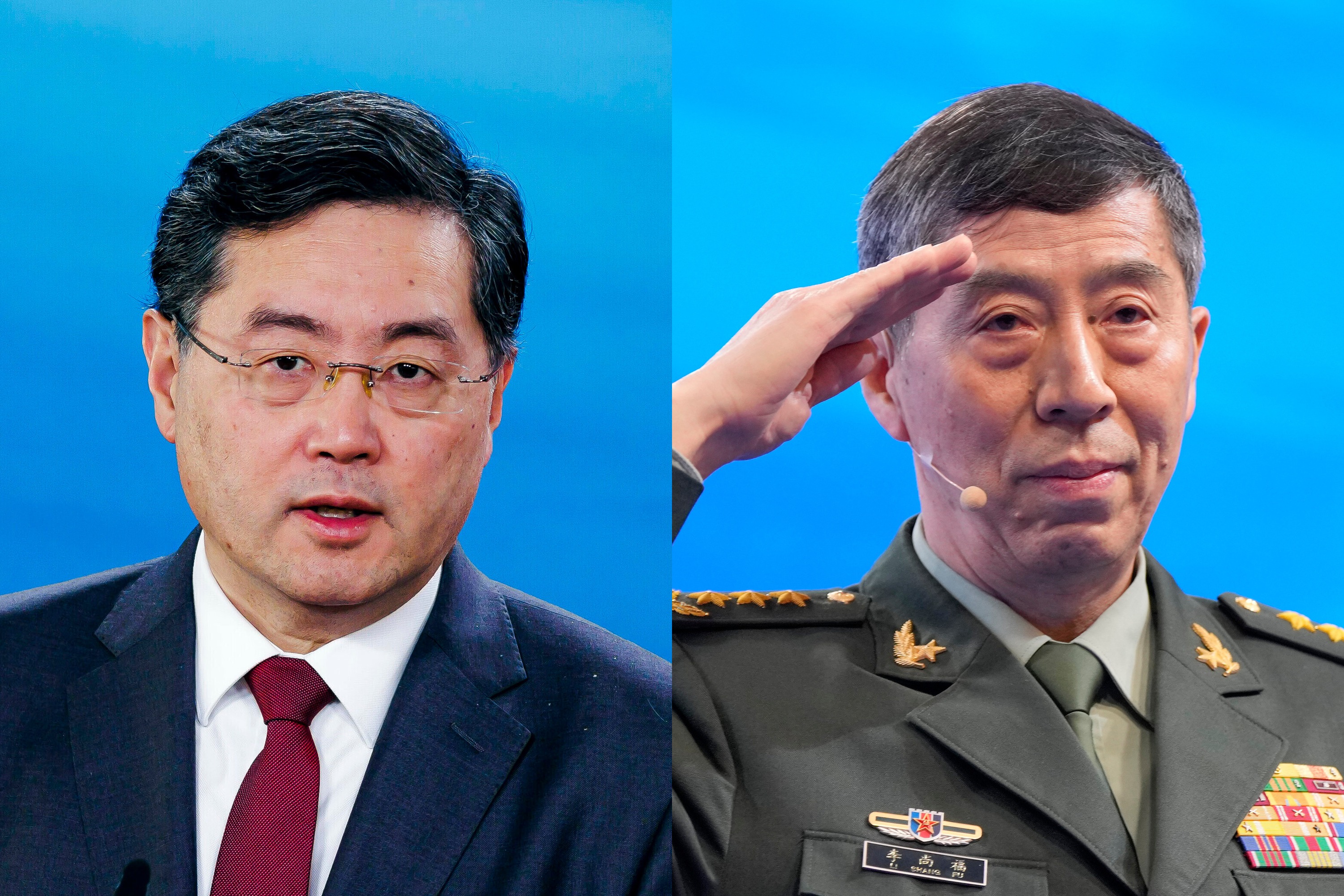 Qin Gang, China’s minister of foreign affairs, in Berlin on May 9; Li Shangfu, China’s minister of national defense, in Singapore on June 4. (Thomas Trutschel—picture-alliance/dpa/AP; Vincent Thian—AP)
