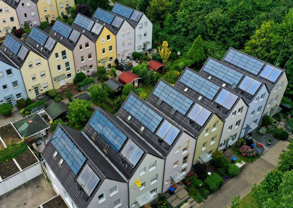 This aerial photo taken on July 4, 2023, shows solar panels on roofs at the 'Solar Settlement Gelsenkirchen-Bismarck' in Gelsenkirchen, western Germany. (INA FASSBENDER/AFP—Getty Images)