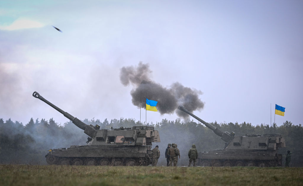 Ukrainian troops live fire the AS90 during their final training, on March 24, 2023 in South West, England. Ukrainian artillery recruits come to the end of their training on AS90 155mm self-propelled gun. A self-propelled gun is a type of howitzer has a propulsion system that allows it to be moved without being towed.