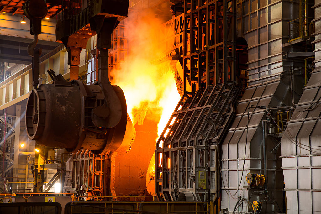 Moving hot metal to a basic oxygen furnace to make steel. (Seong Joon Cho/Worldsteel—Getty Images)