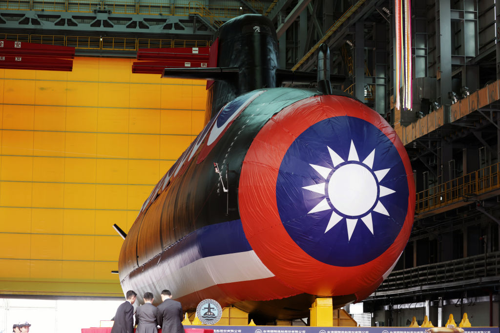The Taiwan Navy's Hai Kun submarine unveiled during an event at CSBC Corp.'s dockyard in Kaohsiung, Taiwan, on Thursday, Sept. 28, 2023.