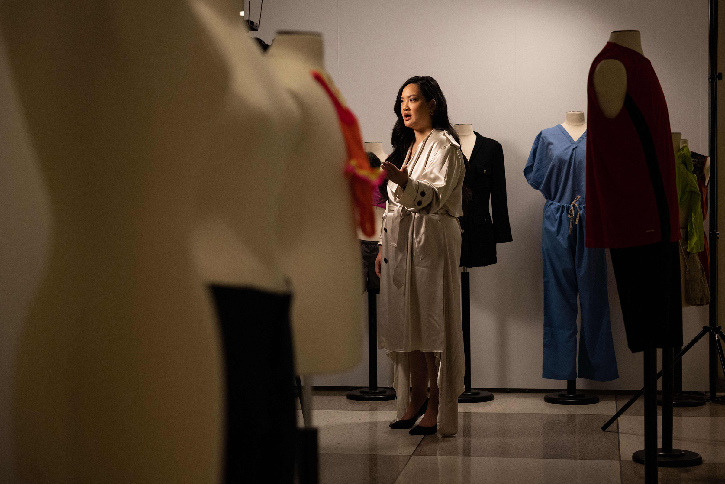 Amanda Nguyen, CEO and founder of Rise, speaks during an interview in the "What Were You Wearing?" exhibition at the U.N. headquarters on Sept. 2, 2022, in New York City. (Yuki Iwamura—AFP/Getty Images)