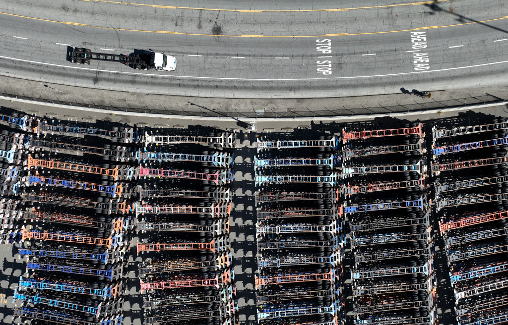 A truck drives by stored truck trailers at the Port of Oakland on March 2, 2023. (Justin Sullivan—Getty Images)