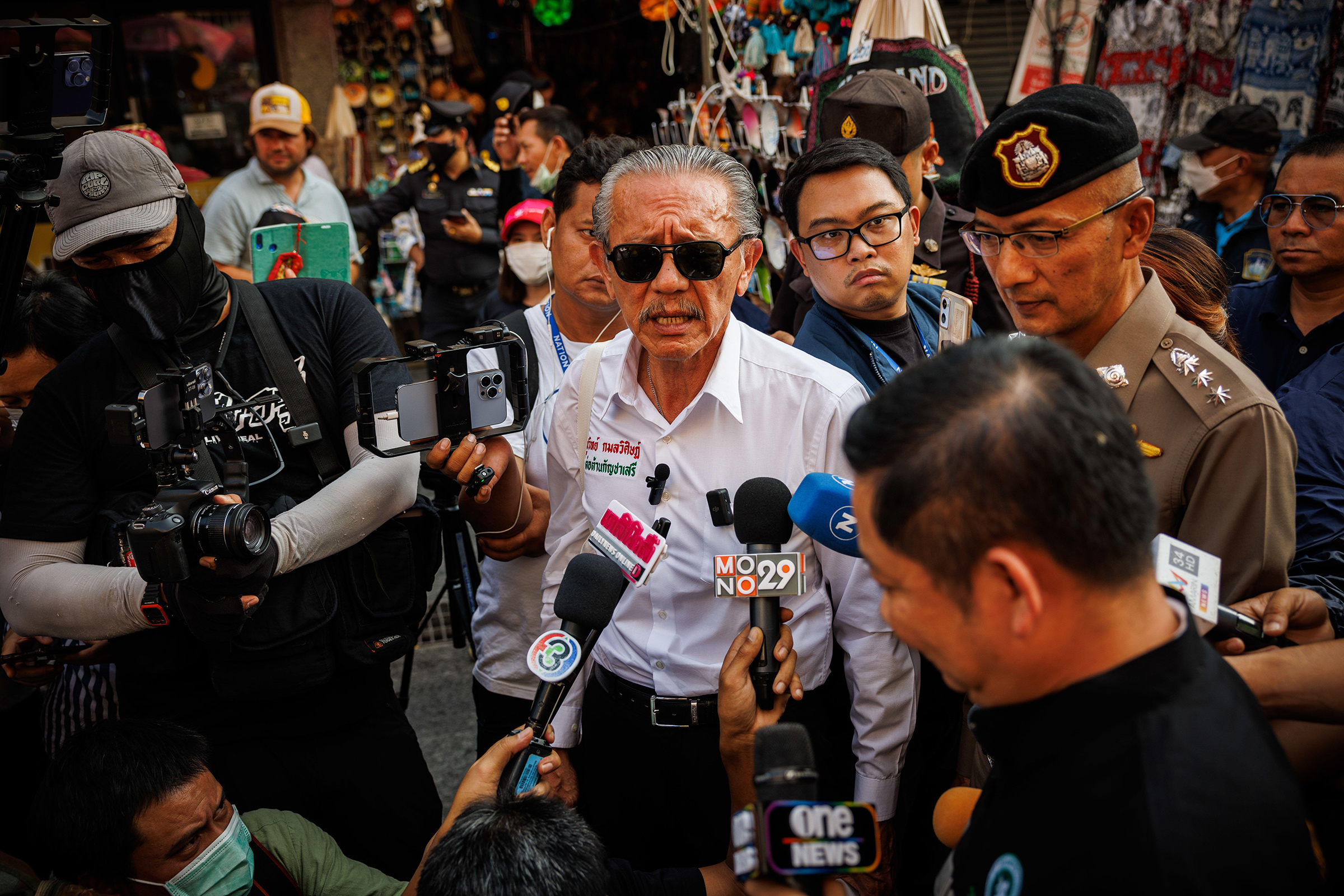 Chuwit Kamolvisit, a self-styled whistleblower and controversial Thai politician, campaigns against marijuana on Khao San road in Bangkok, Thailand, on April 20, 2023.