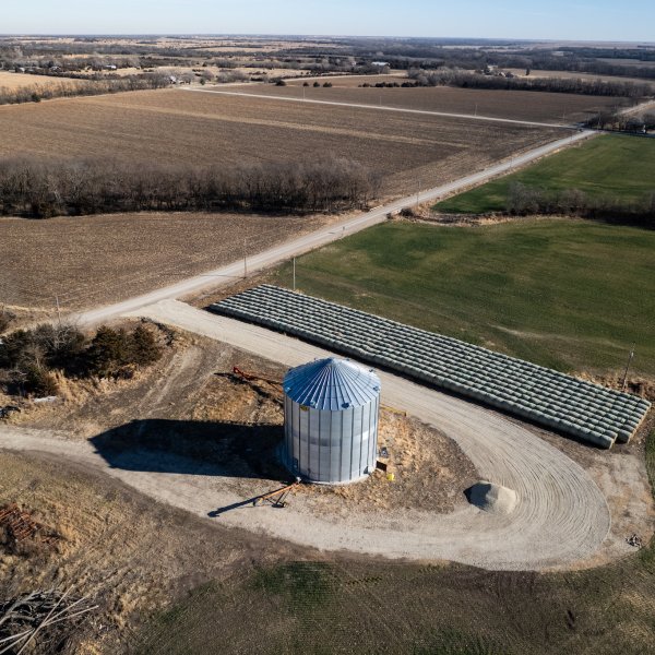 Corn silo in Kansas. Charm Industrial sources biomass such as corn stalks which it turns into bio-oil for storing carbon.