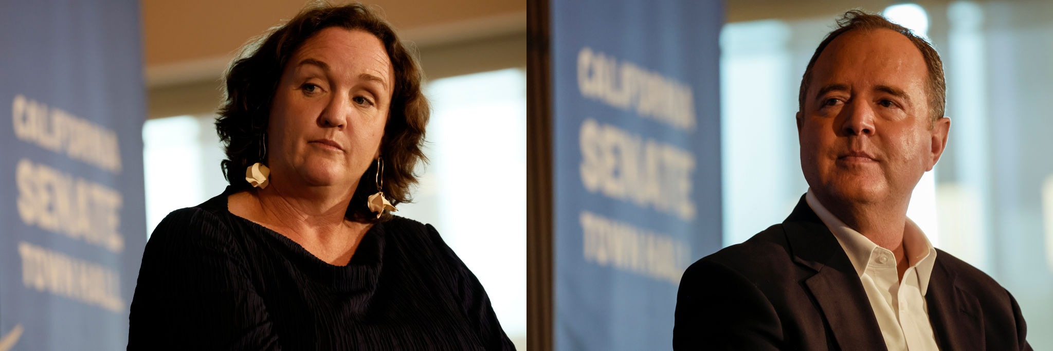 Reps. Katie Porter, left, and Adam Schiff, right, speak at a town hall at East LA College on Sept. 8, 2023.