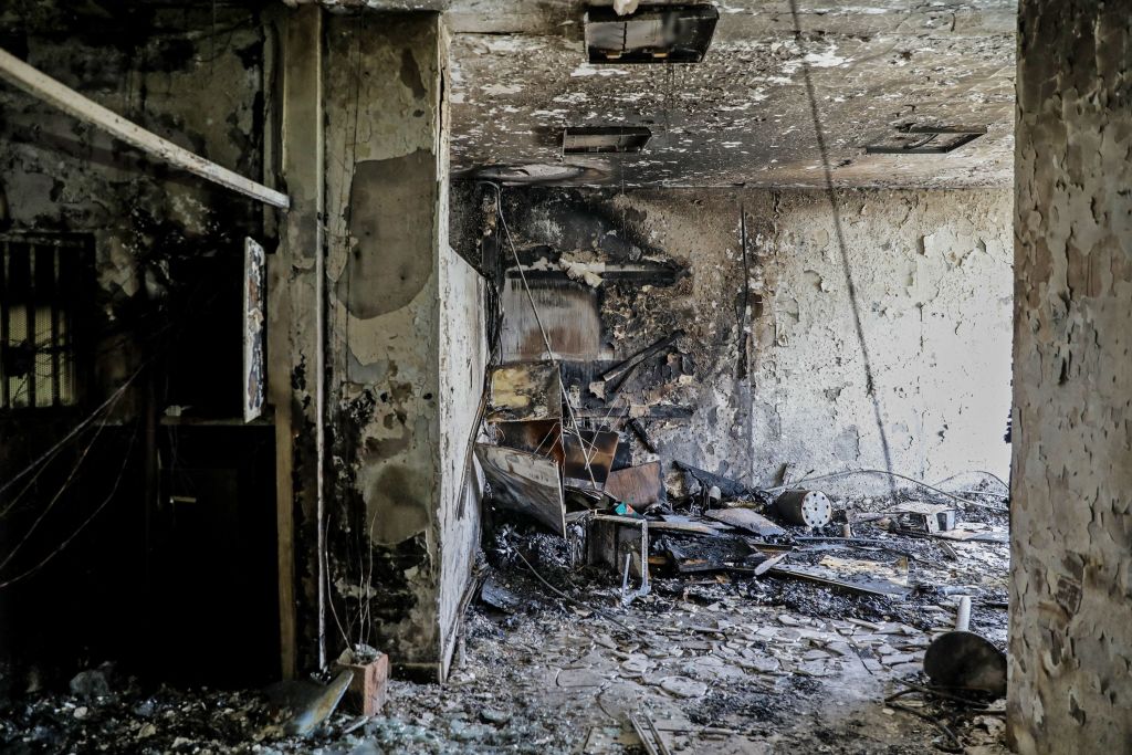 A picture obtained from the Iranian Mizan News Agency on Oct. 16, 2022 shows damage caused by a fire in the notorious Evin prison, northwest of the Iranian capital Tehran.
