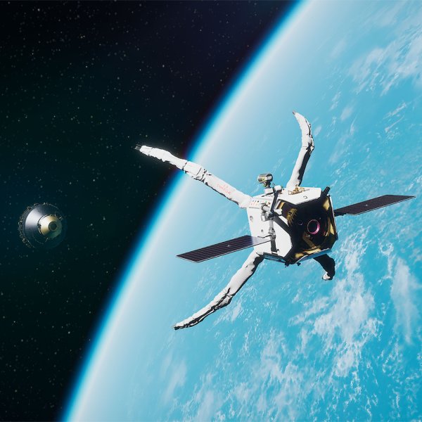 An artistic impression of the servicer ClearSpace-1 approaching the space debris object VESPA during the ClearSpace-1 mission to take place in 2026.