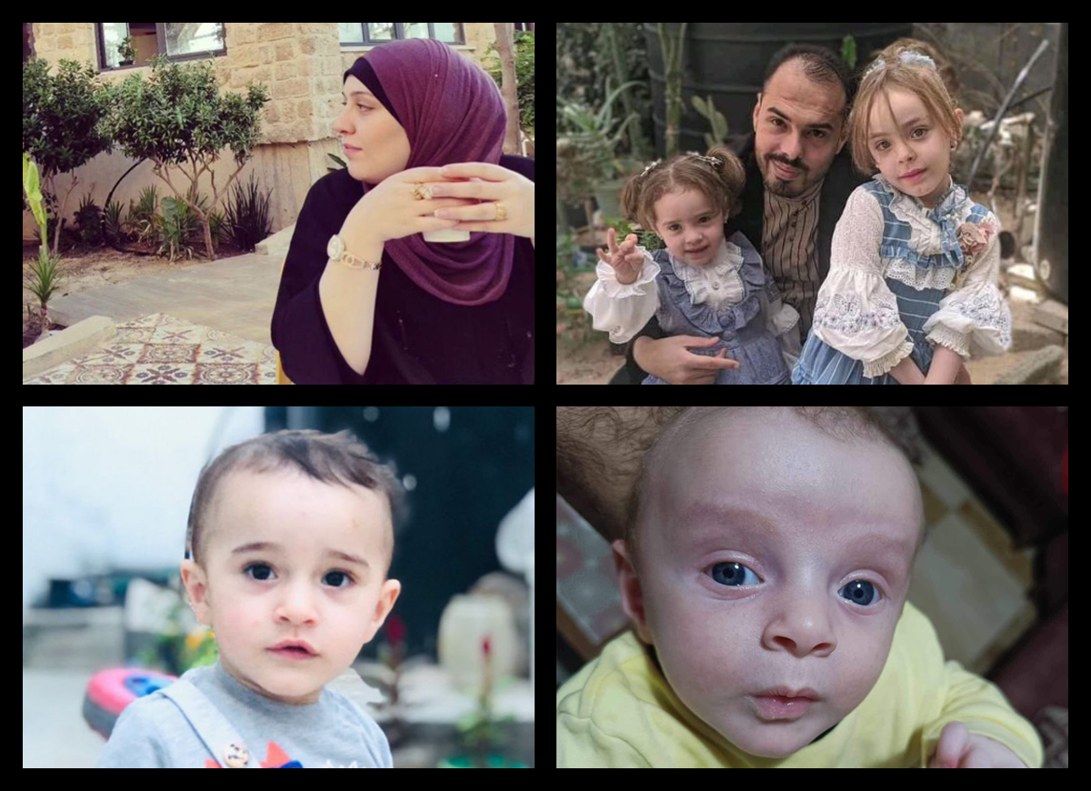 Karim Abualroos's sister Hadeel Abu Alroos (top-left) and Hadeel's husband Basil Khayyat (top-right), daughters Eileen and Celine, and sons Muhammad (bottom-right) and Mahmoud (bottom-left) were bombed and killed in their home.