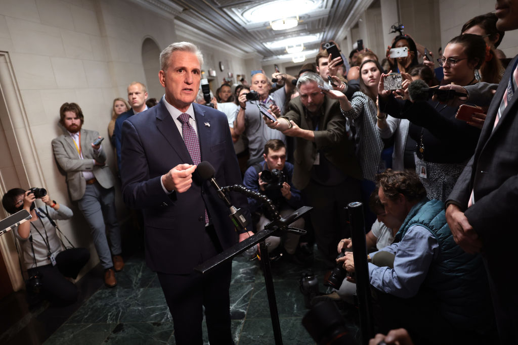 Former Speaker of the House Kevin McCarthy (R-CA) talks to members of the media as he arrives to a candidate forum with House Republicans to hear from members running for U.S. Speaker of House in the Longworth House Office Building on October 10, 2023 in Washington, DC.