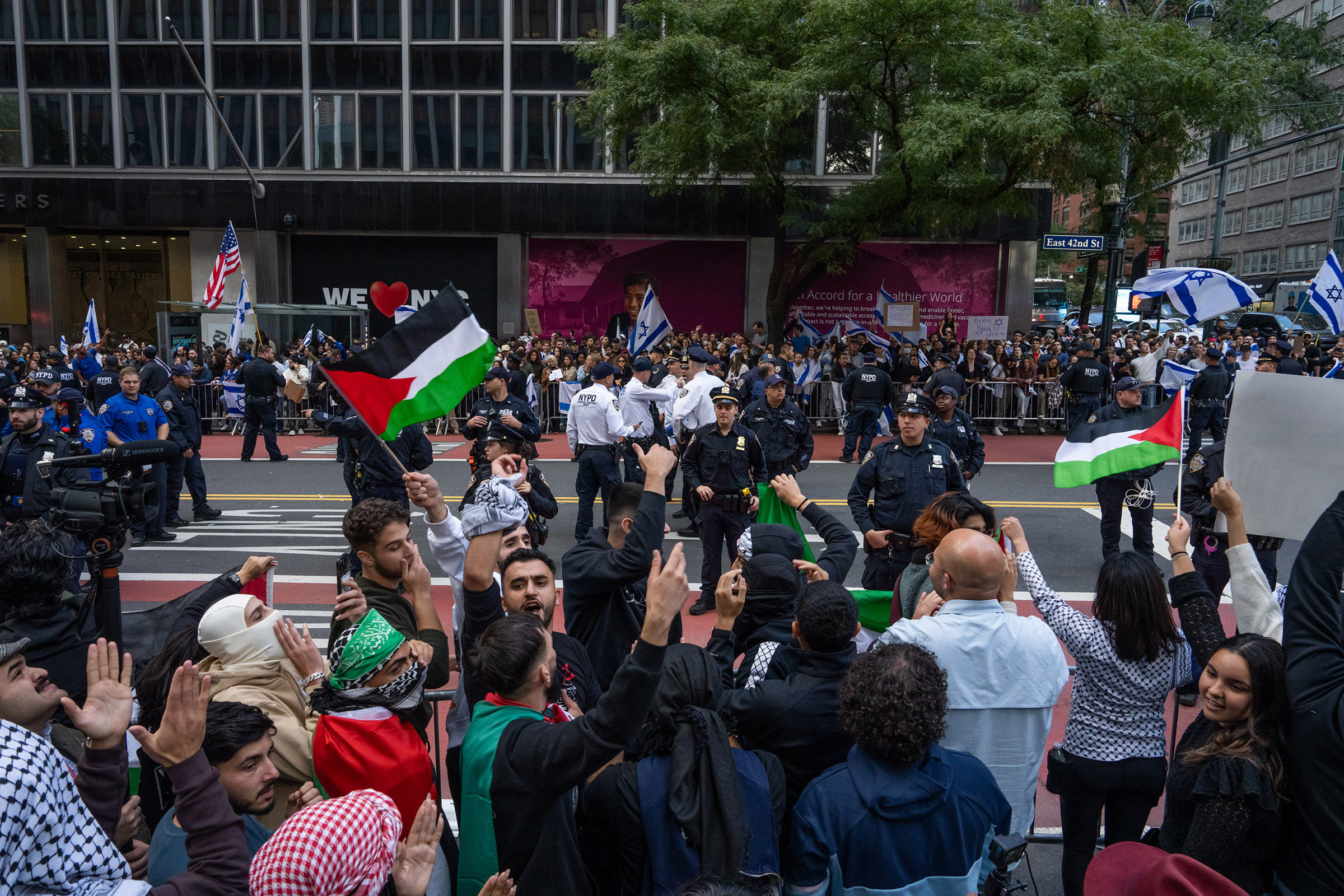 Opposing groups protest in support of Palestine and Israel near the Israeli Consulate in New York City, on Oct. 8, 2023.