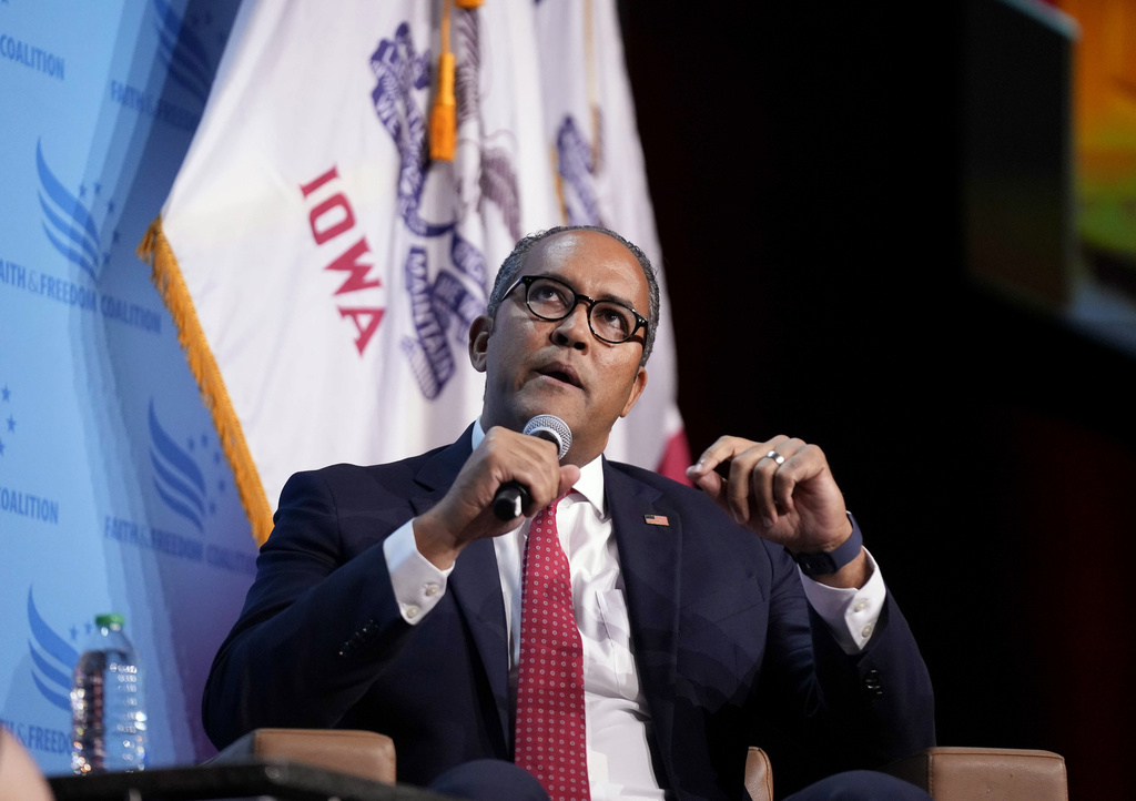 Former Republican Texas congressman Will Hurd speaks at the Iowa Faith and Freedom Coalition's banquet, Sept. 16, 2023, in Des Moines, Iowa. Hurd has suspended his Republican presidential bid, abandoning a brief campaign built on criticizing Donald Trump at a time when his party seems even more determined to embrace the former president.