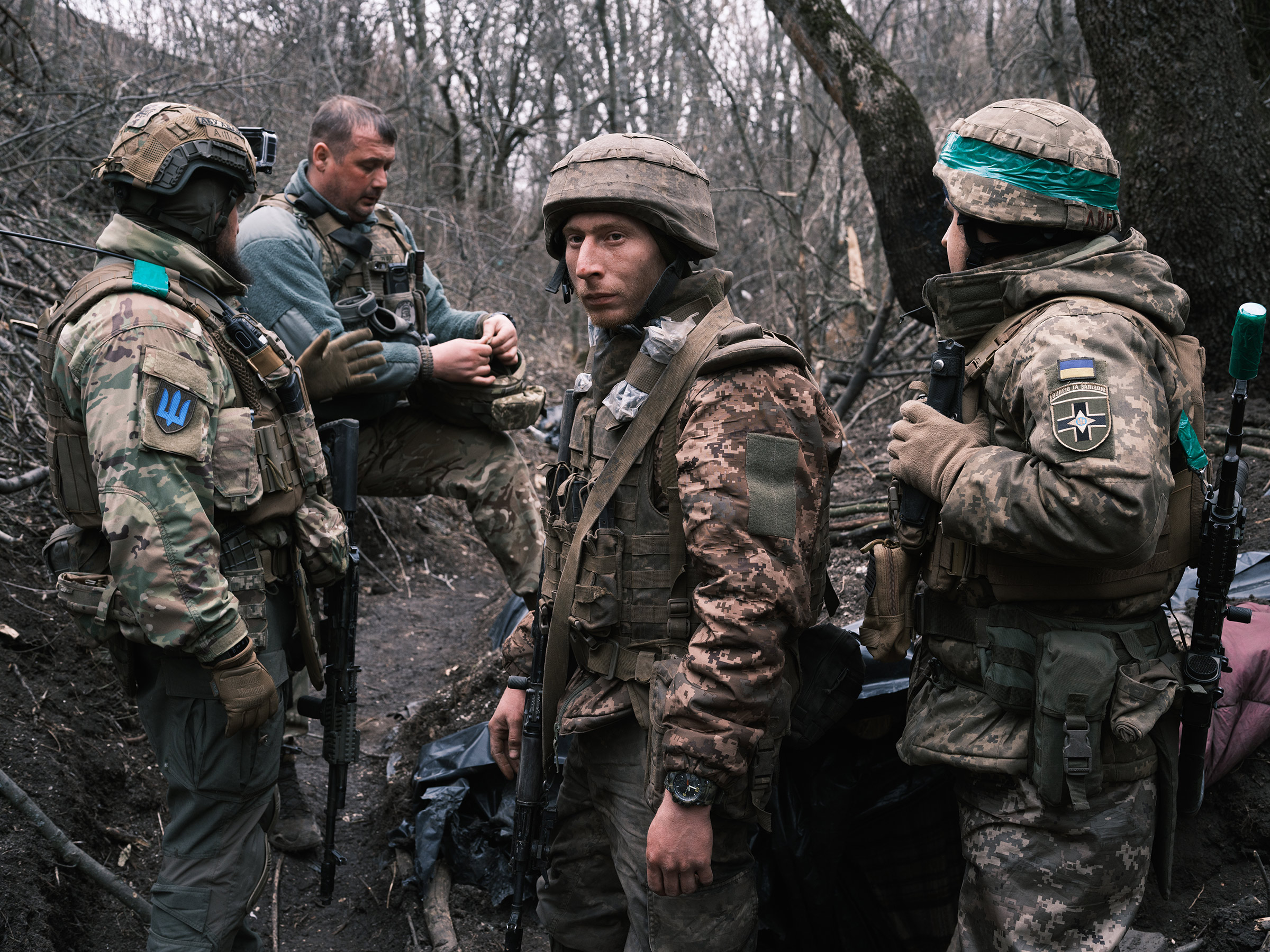 Ukrainian fighters on the frontlines near Bakhmut on March 17, 2023.