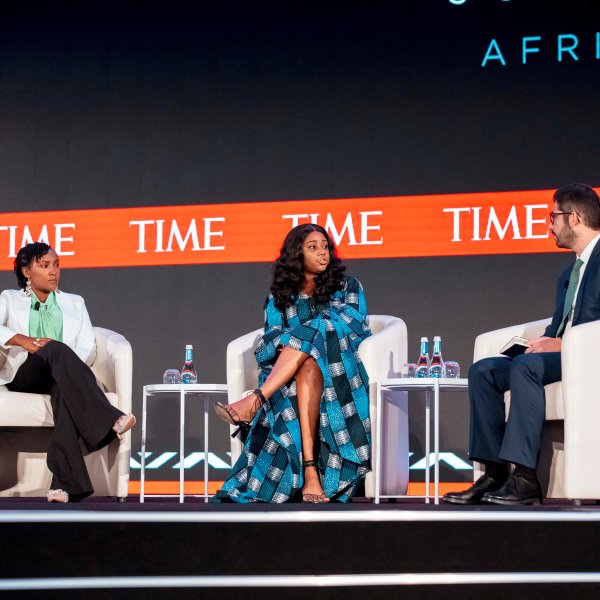 Elizabeth Wathuti and Eugenia Kargbo in conversation with TIME Editor-in-Chief Sam Jacobs at the TIME100 Summit Africa on Nov. 17 in Kigali, Rwanda.