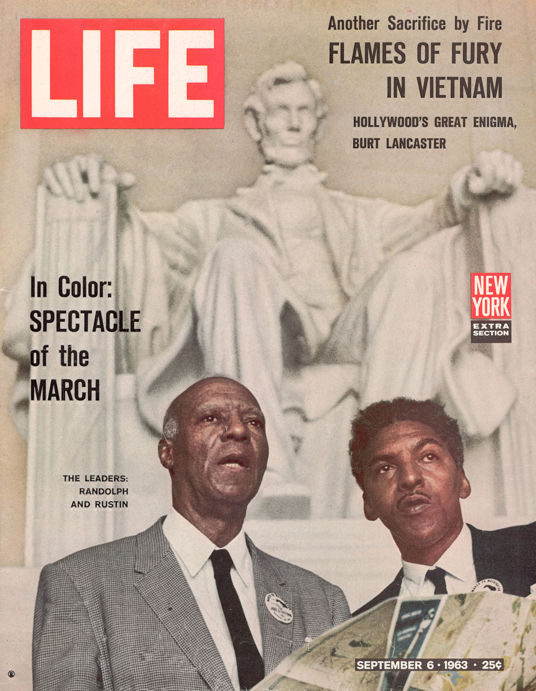 September 6, 1963 cover of LIFE showing A. Phillip Randolph and Bayard Rustin, organizers of the March on Washington For Jobs and Freedom, aka the Freedom March, stand in front of the Lincoln Memorial.